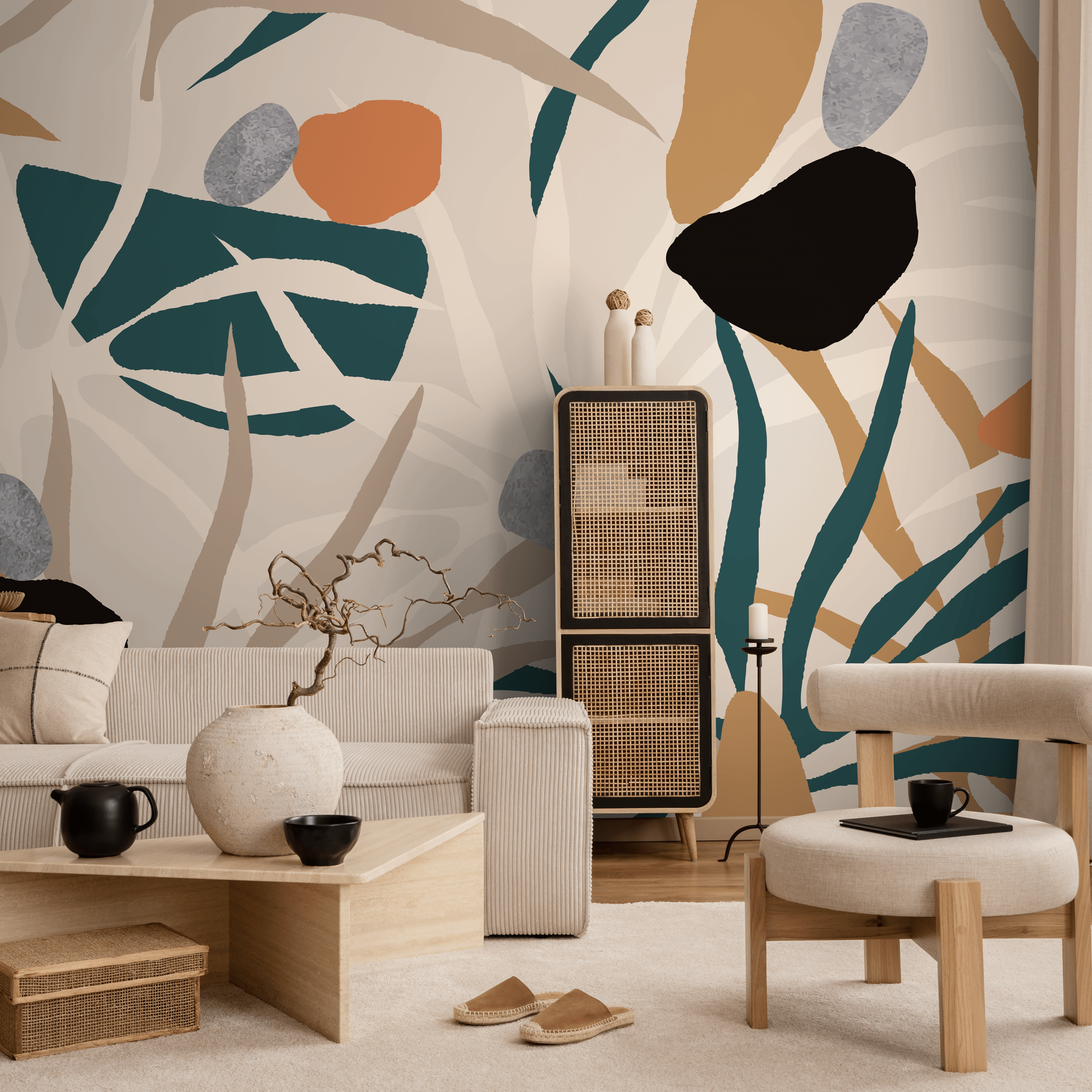 Abstract Wallpaper With Botanical Cutout Shapes In Teal And Orange - C123