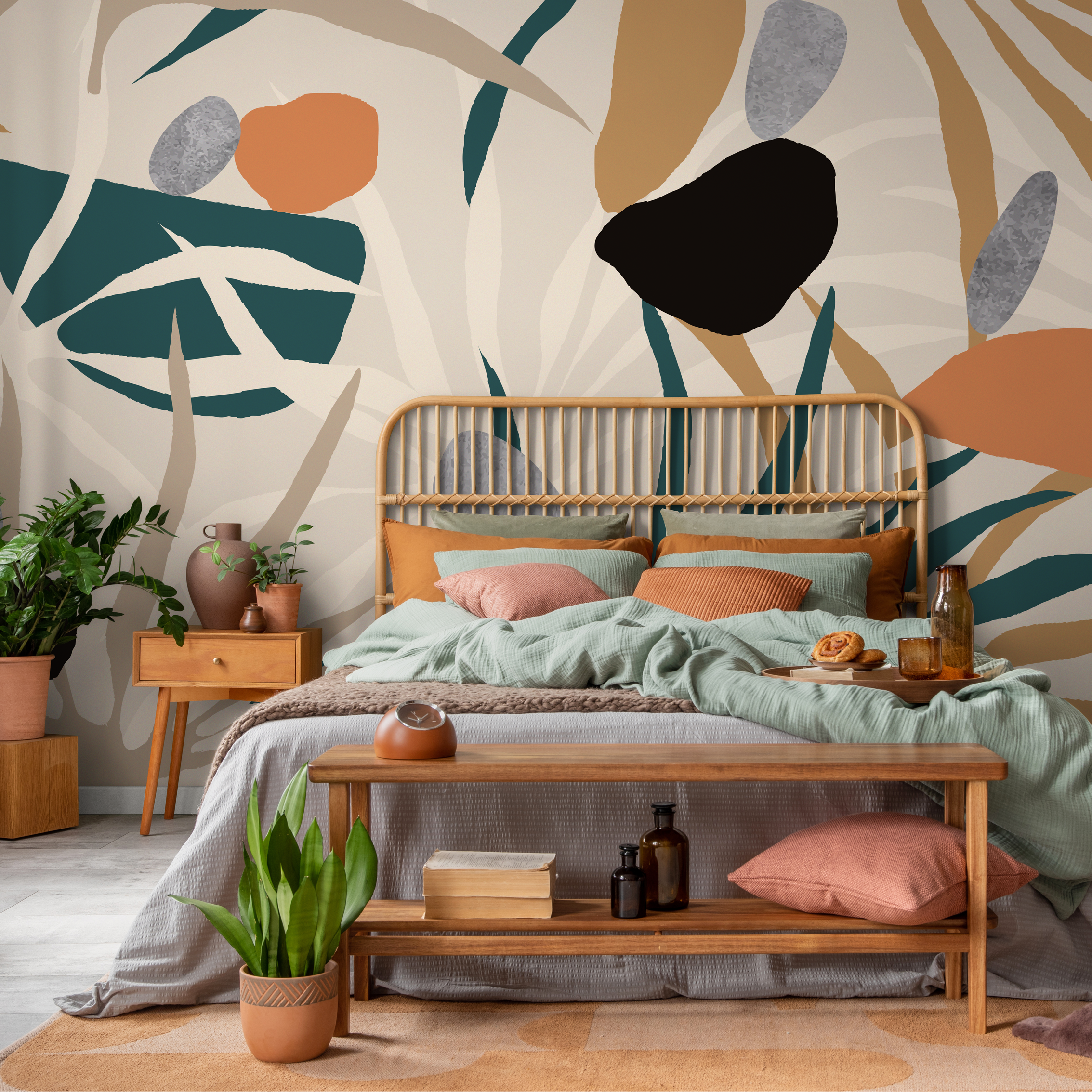 Abstract Wallpaper With Botanical Cutout Shapes In Teal And Orange - C123