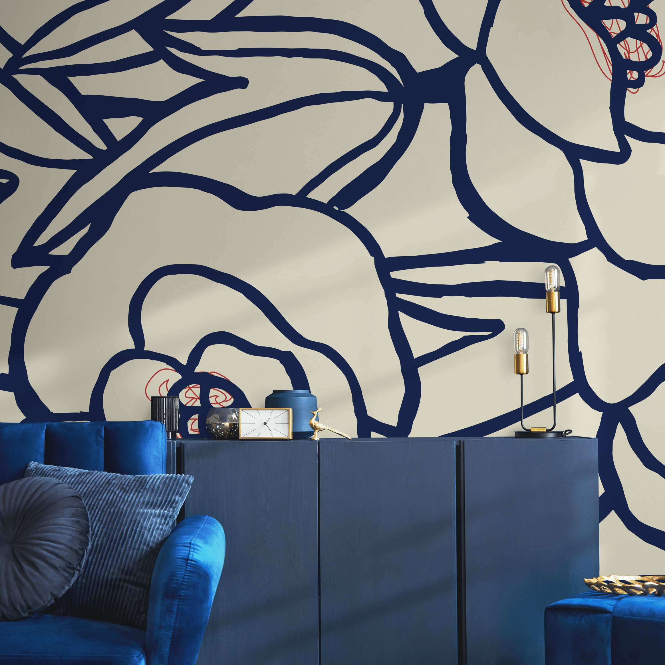 Floral Wallpaper With Bold Abstract Blooms In Navy Blue, Red, And Cream - C124