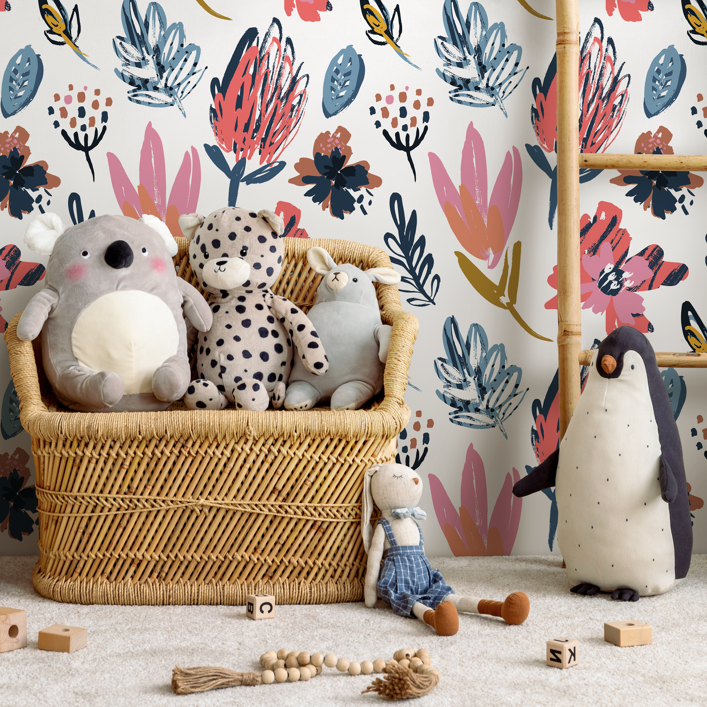 Floral Wallpaper With A Modern Brushstroke Motif In Coral, Blue, And Mustard - C125