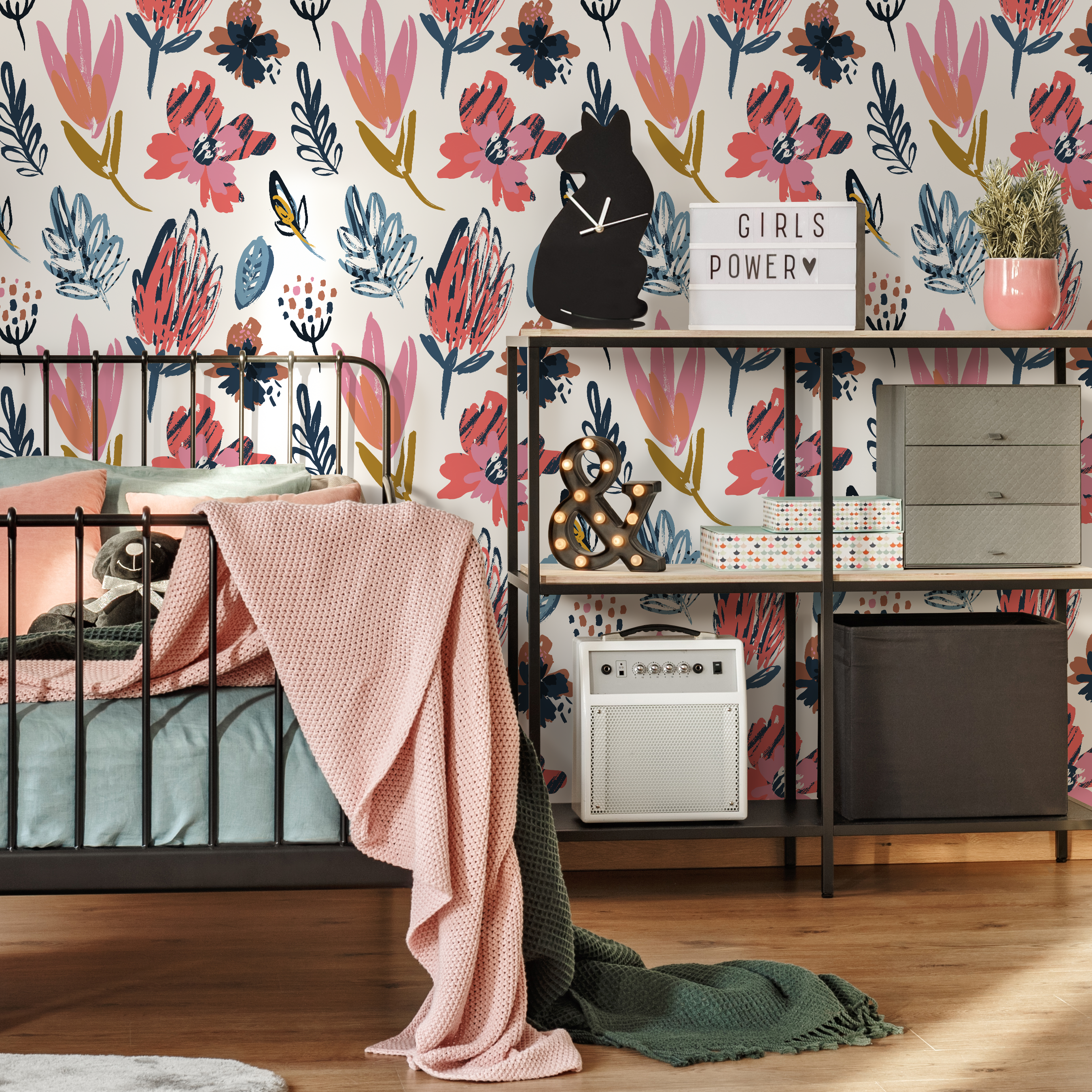 Floral Wallpaper With A Modern Brushstroke Motif In Coral, Blue, And Mustard - C125