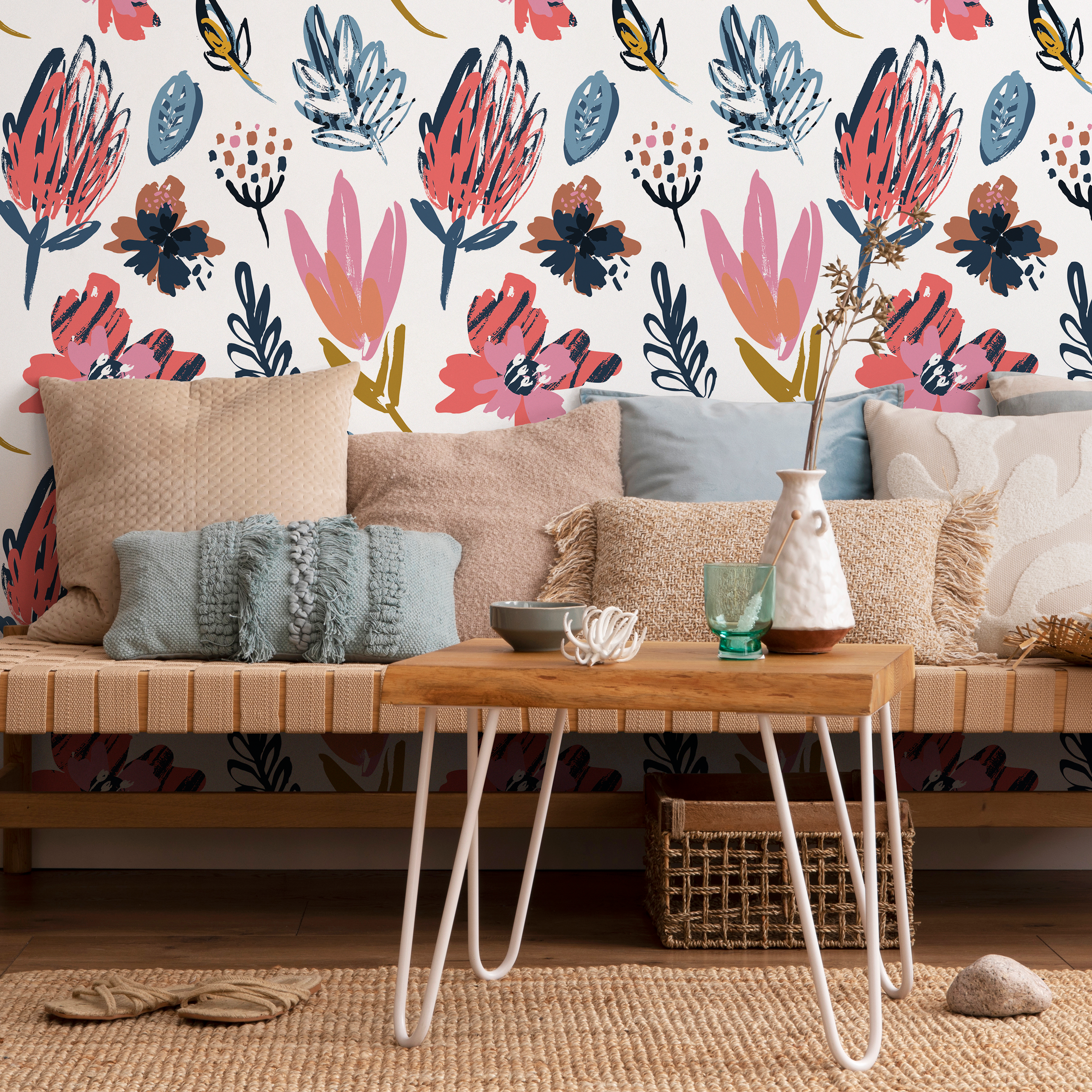Floral Wallpaper With A Modern Brushstroke Motif In Coral, Blue, And Mustard - C125