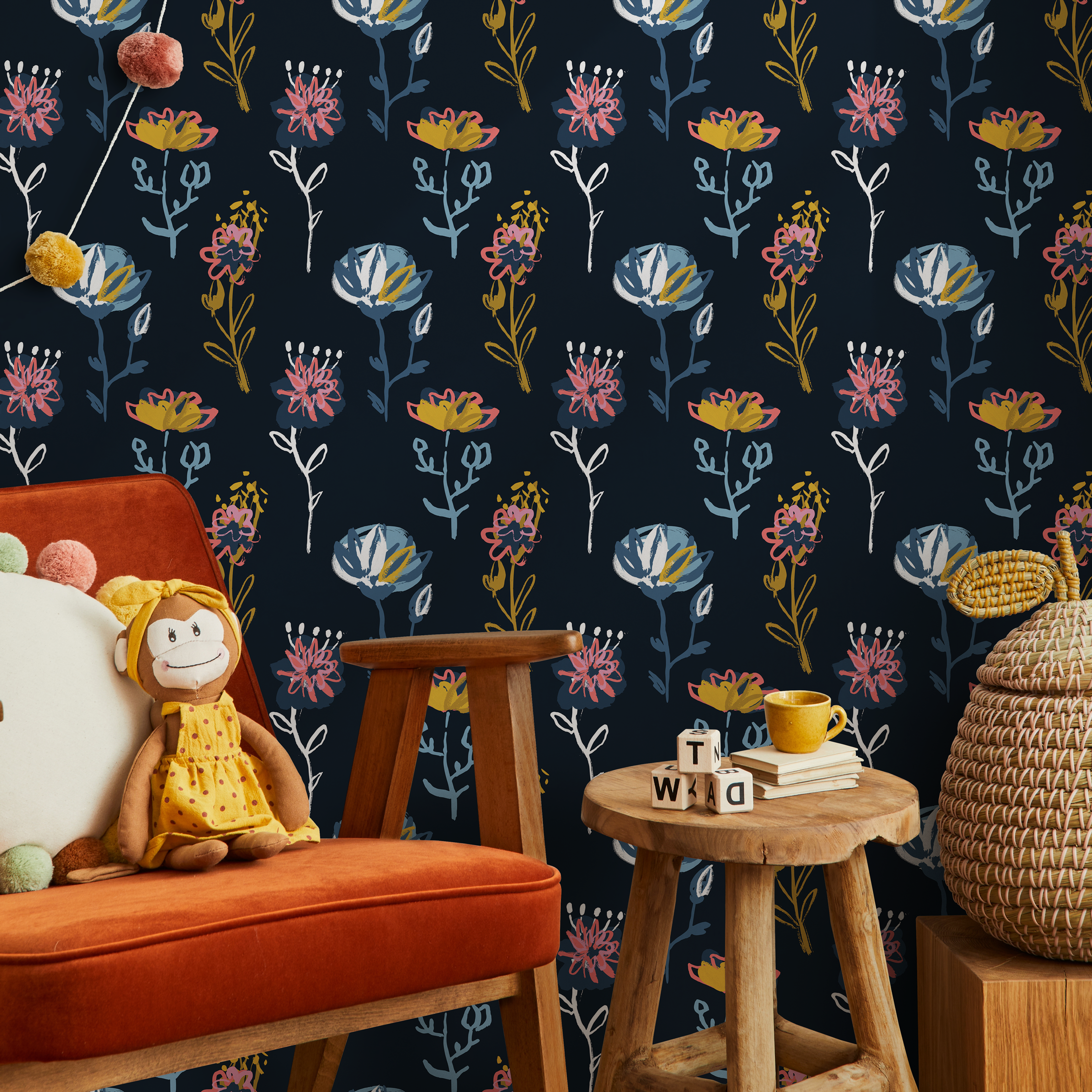 Floral Wallpaper With Abstract Botanicals In Navy, Pink, And Yellow - C126