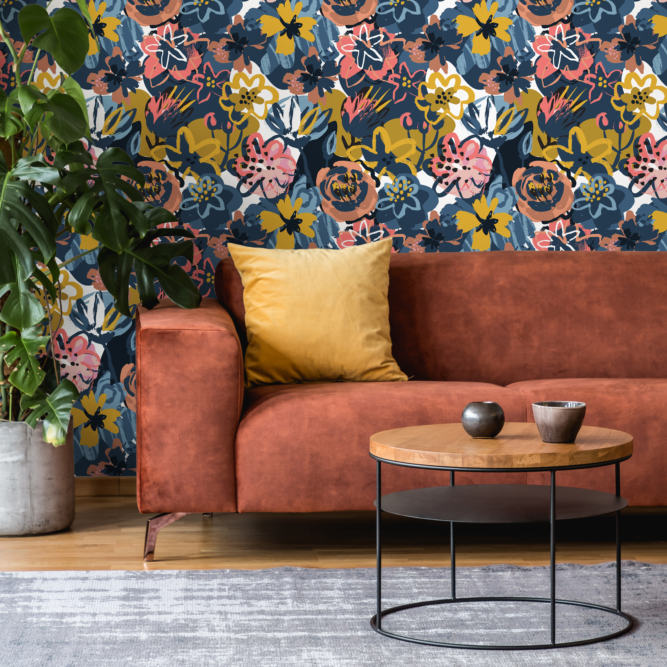 Abstract Floral Wallpaper With A Painterly Motif In Navy Blue, Yellow, And Pink - C127