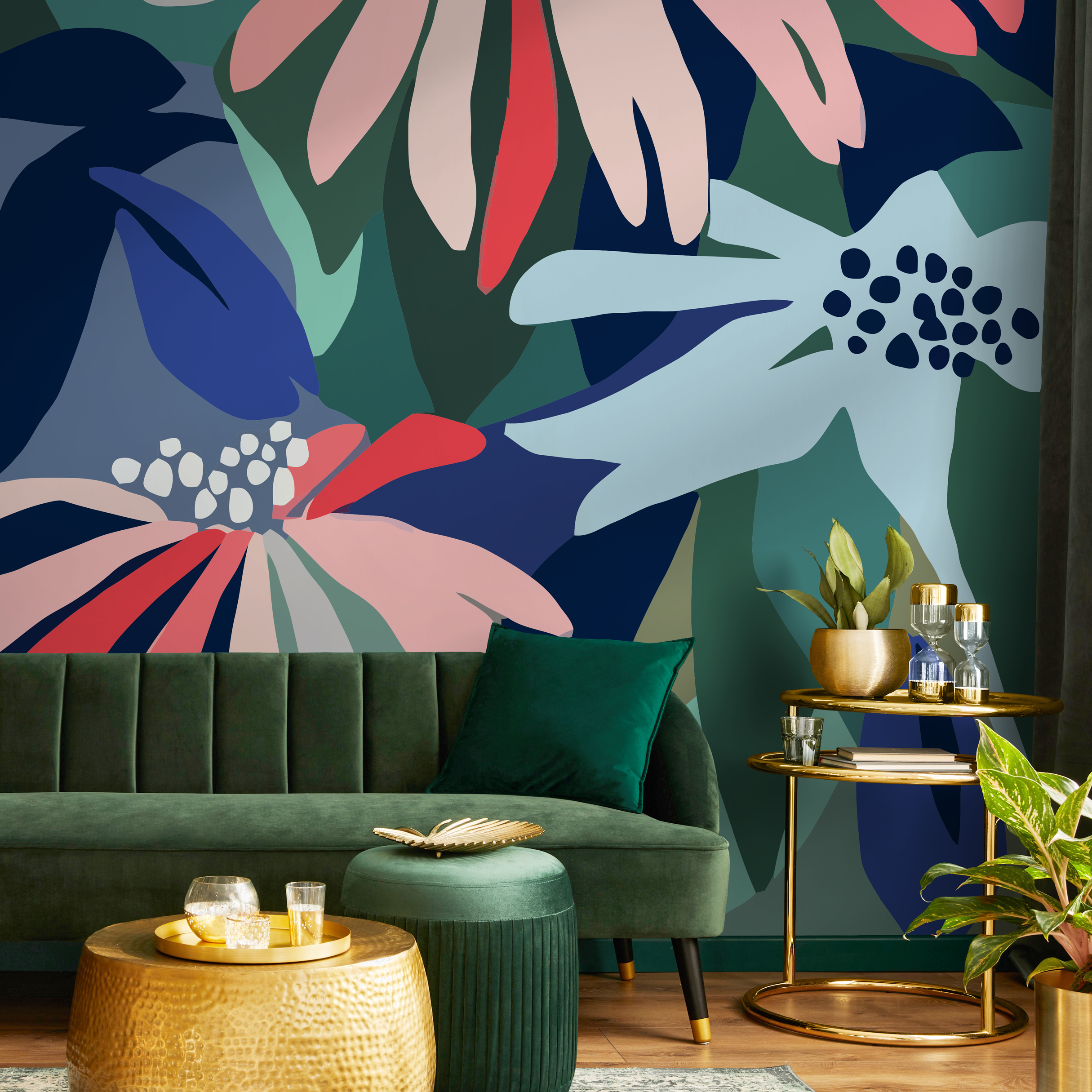 Abstract Wallpaper With Bold Organic Shapes In Blue, Green, And Red - C128