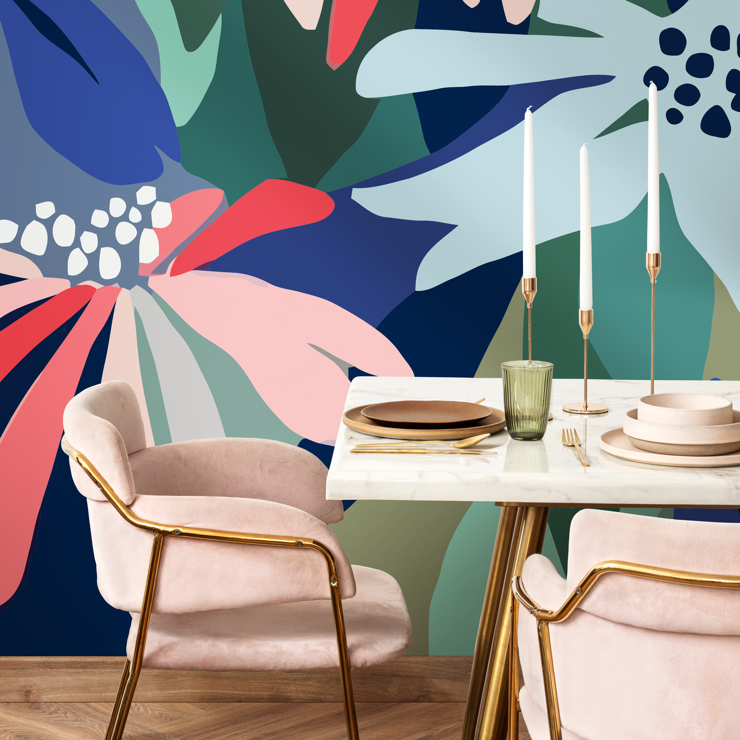 Abstract Wallpaper With Bold Organic Shapes In Blue, Green, And Red - C128