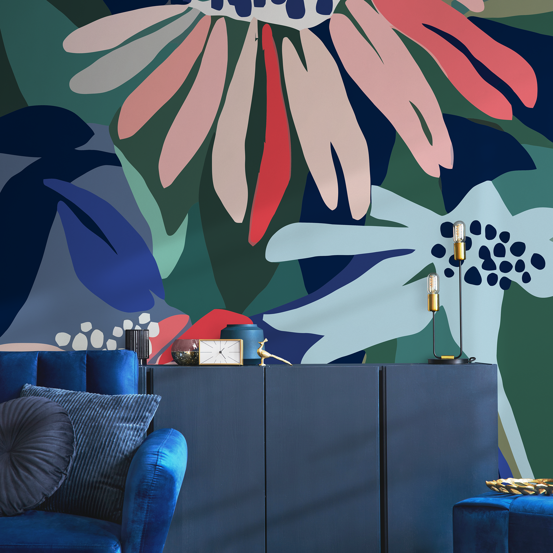 Abstract Wallpaper With Bold Organic Shapes In Blue, Green, And Red - C128