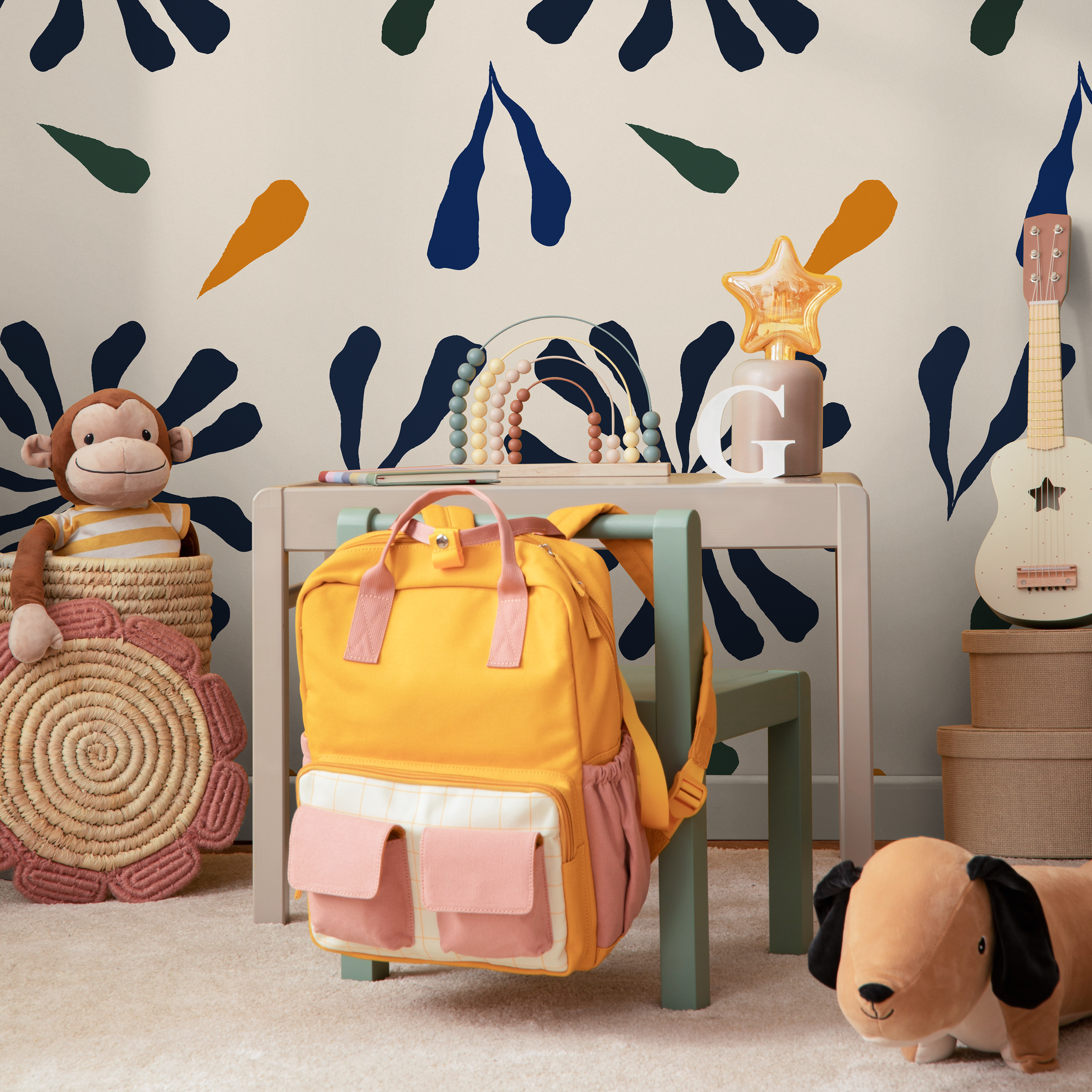 Abstract Floral Wallpaper With Botanical Shapes In Navy Blue, Green, And Orange - C129