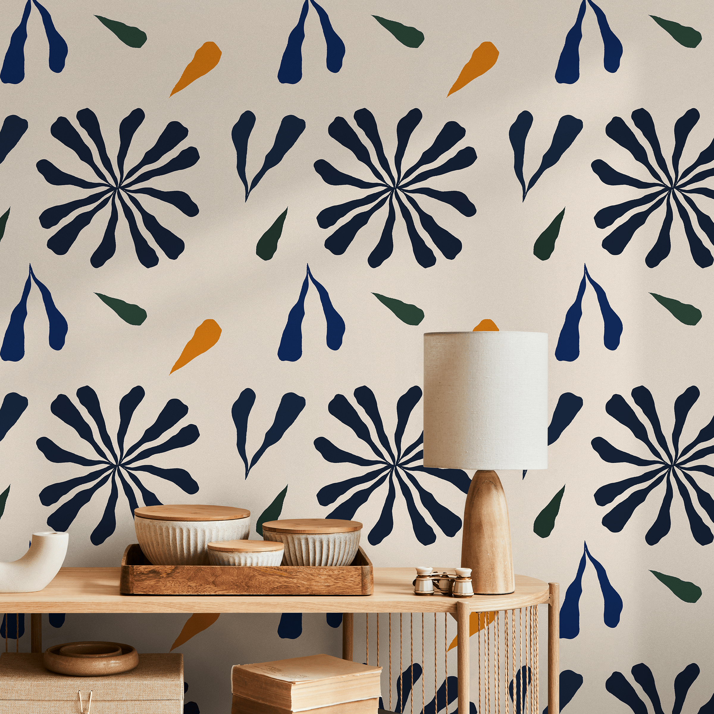 Abstract Floral Wallpaper With Botanical Shapes In Navy Blue, Green, And Orange - C129