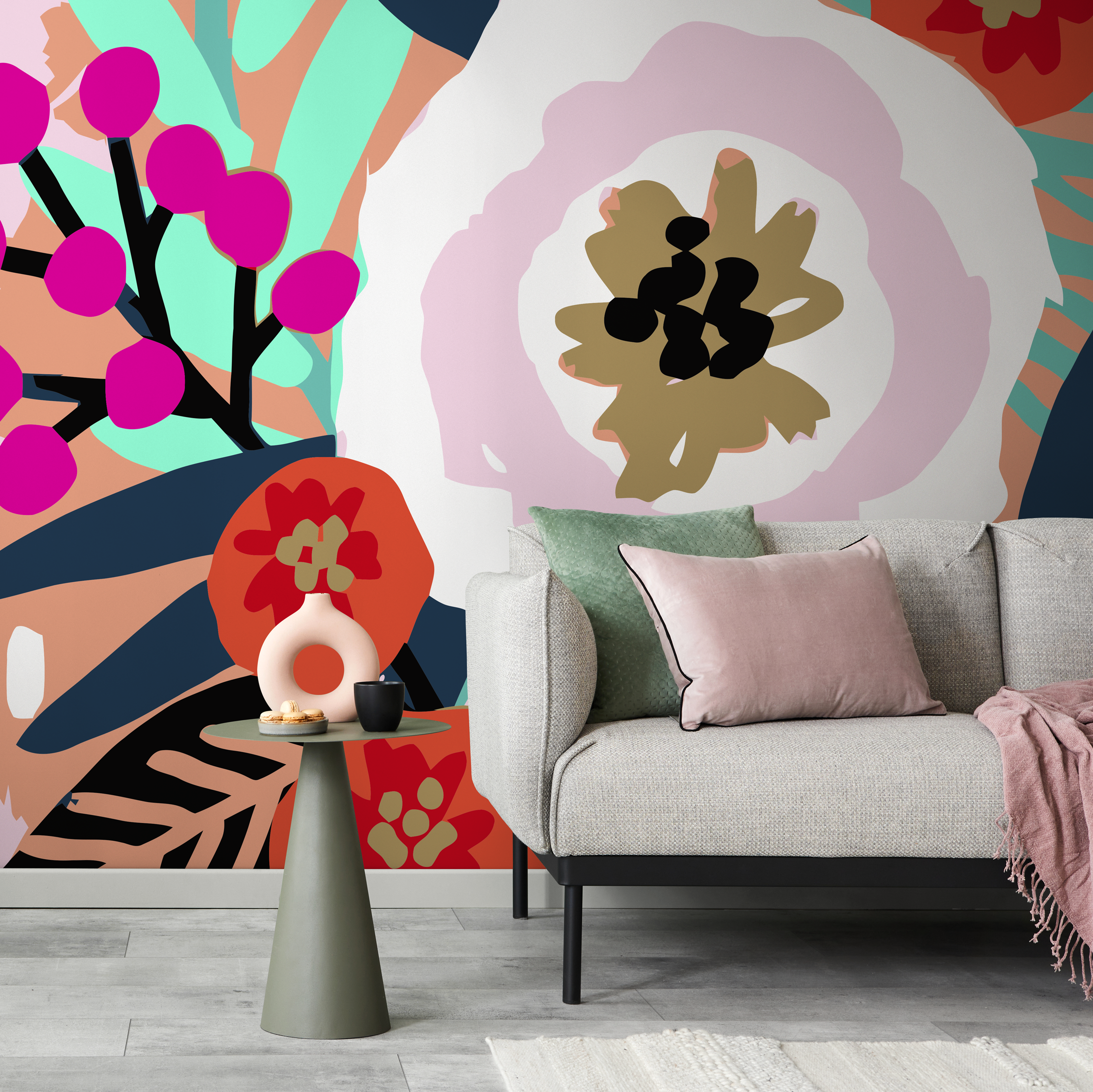 Abstract Floral Wallpaper With A Bold Botanical Motif In Peach, Magenta, And Blue - C130