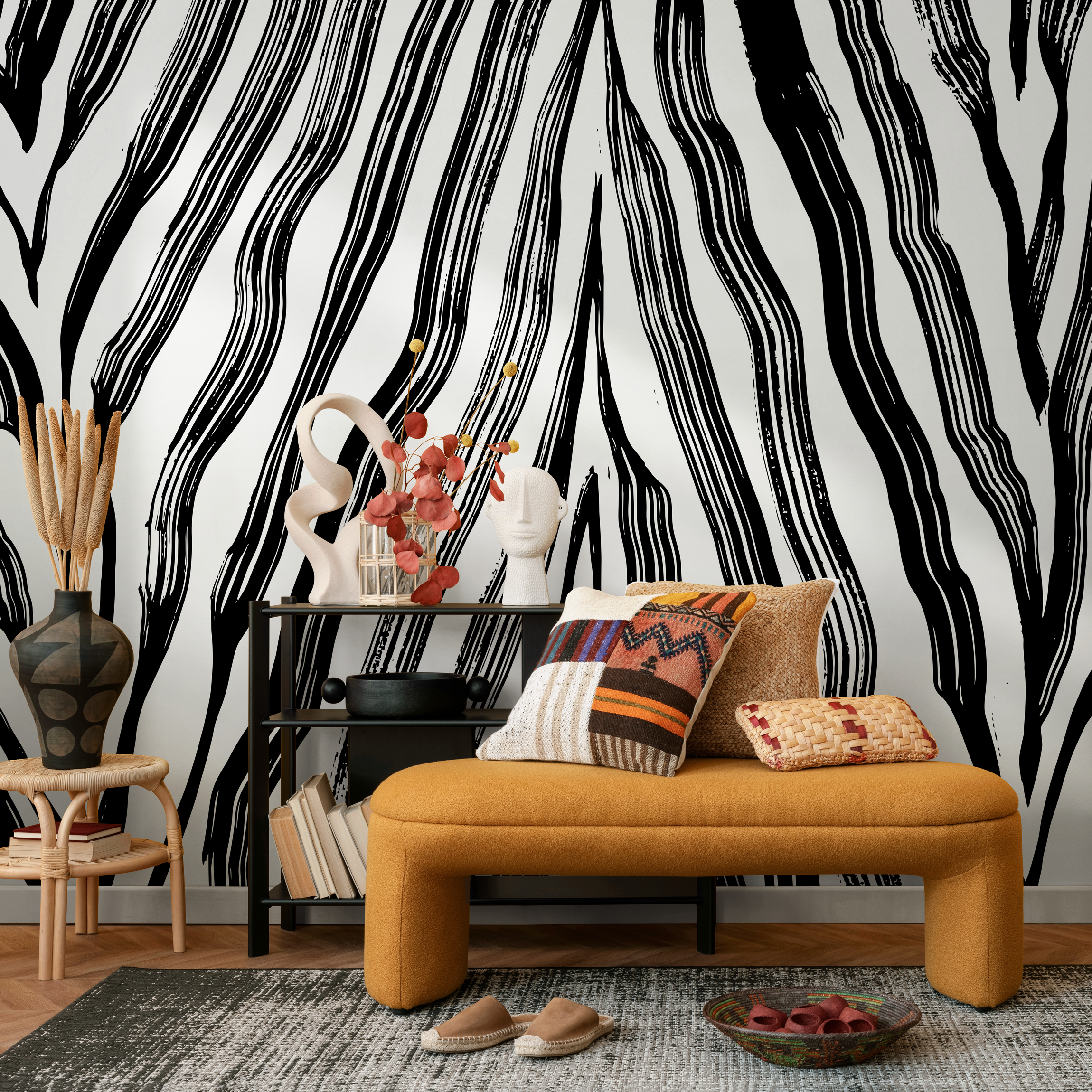 Animal Print Wallpaper With A Bold Zebra Stripe Motif In Black And White - C131