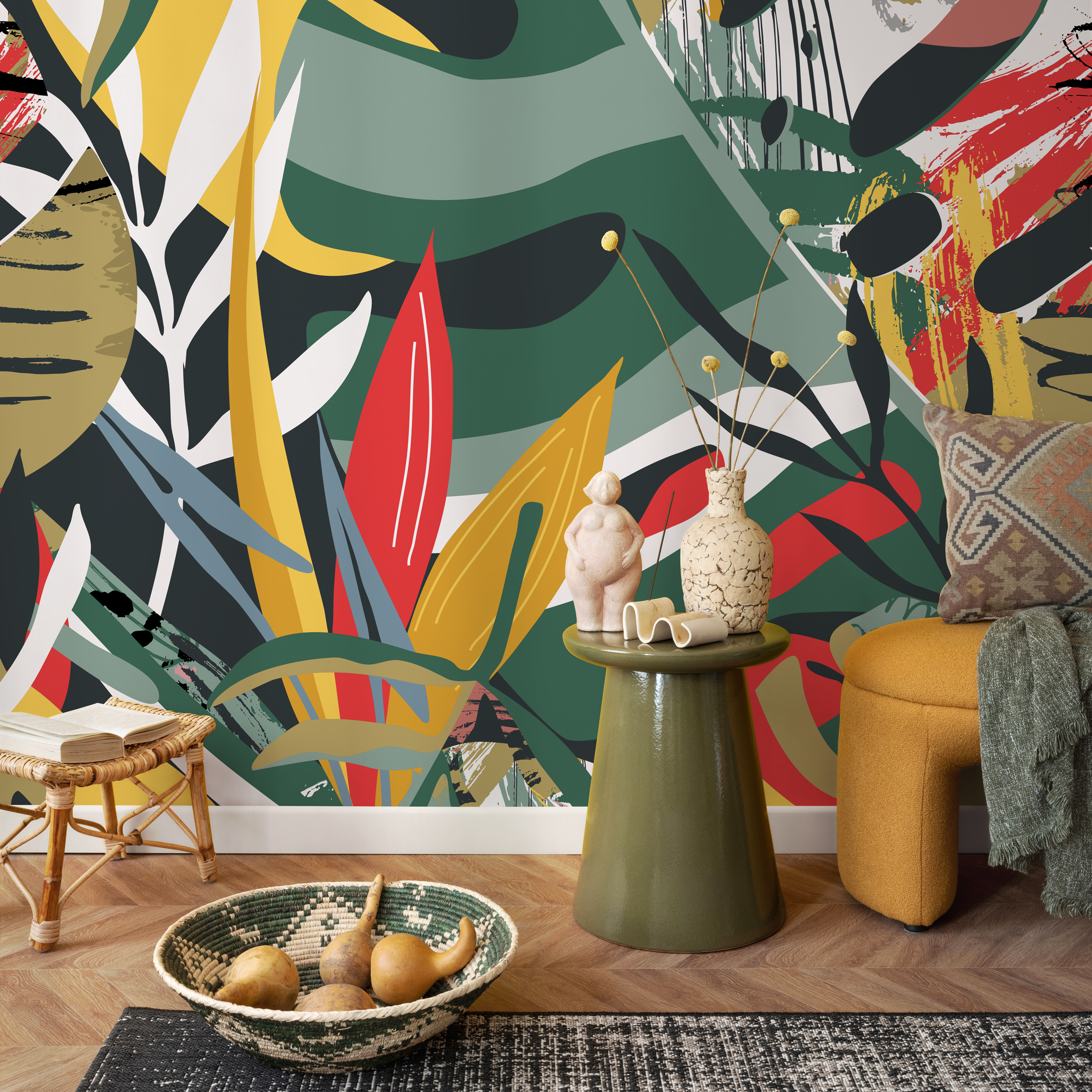 Abstract Botanical Wallpaper With Bold Brushstrokes In Green, Yellow, And Red - C134