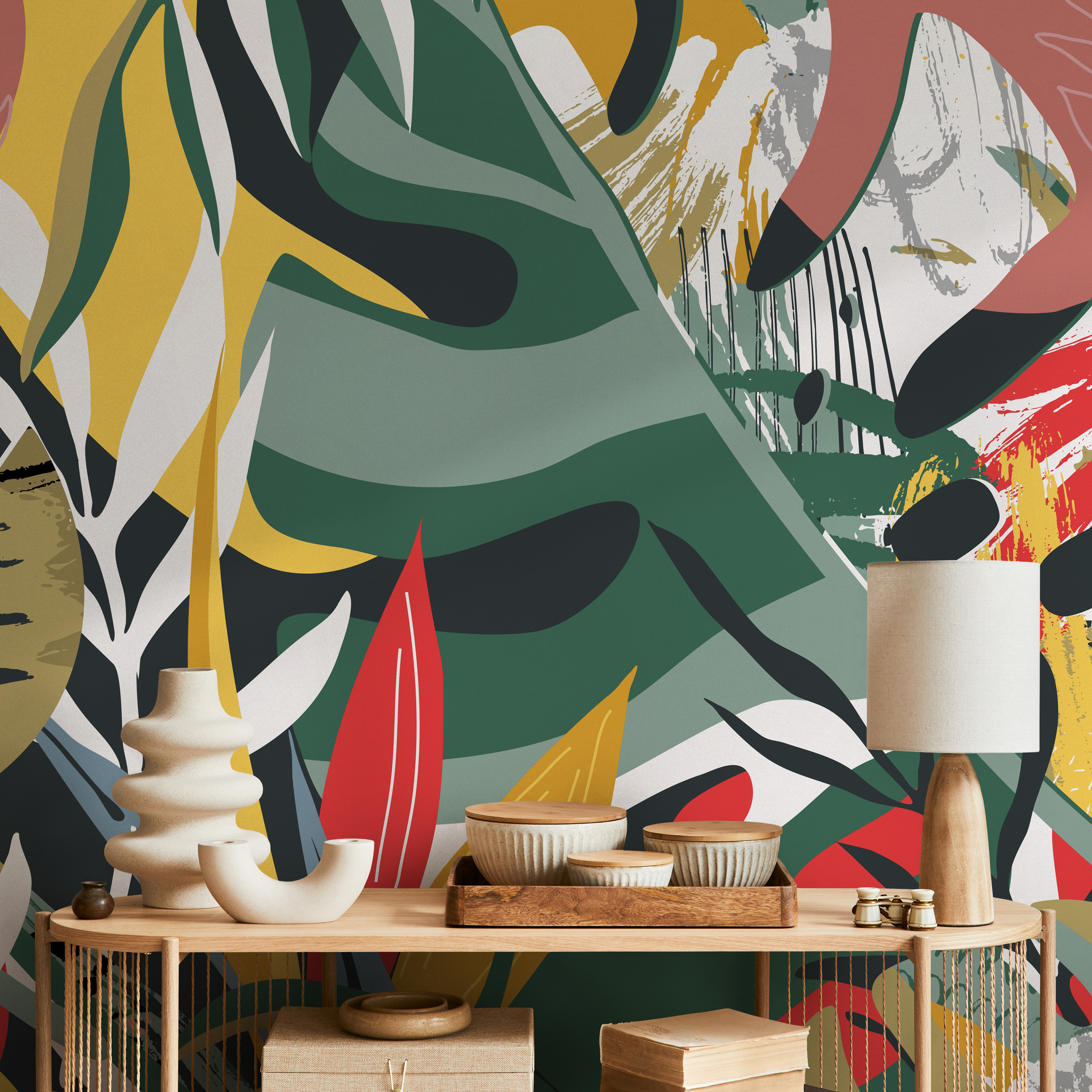 Abstract Botanical Wallpaper With Bold Brushstrokes In Green, Yellow, And Red - C134