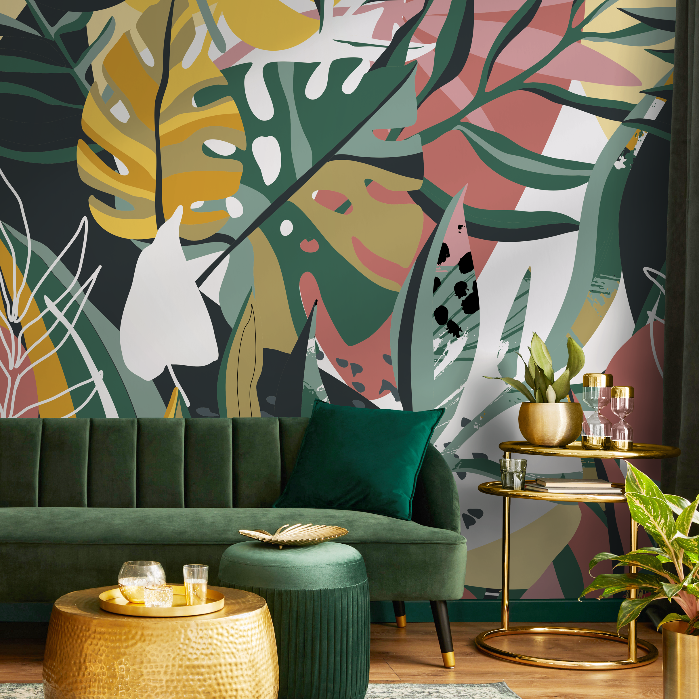 Botanical Wallpaper With Abstract Tropical Leaves In Green, Yellow, And Pink - C135