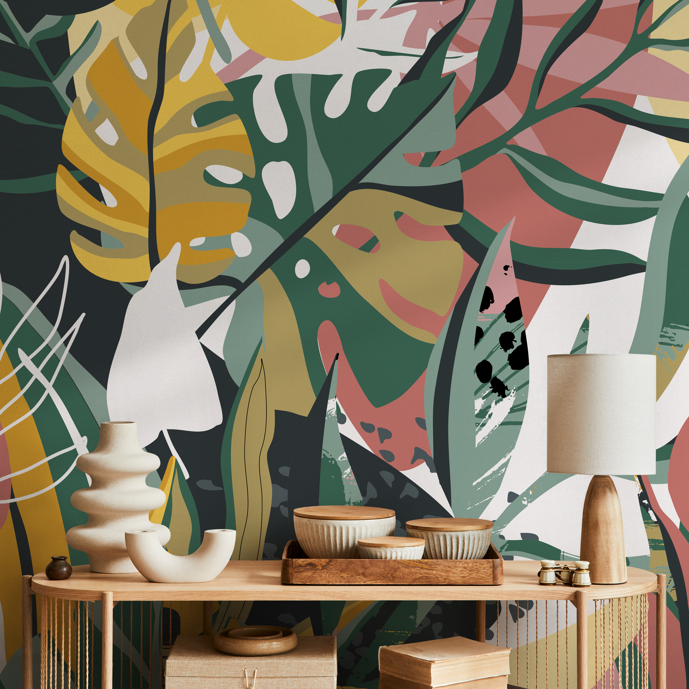 Botanical Wallpaper With Abstract Tropical Leaves In Green, Yellow, And Pink - C135