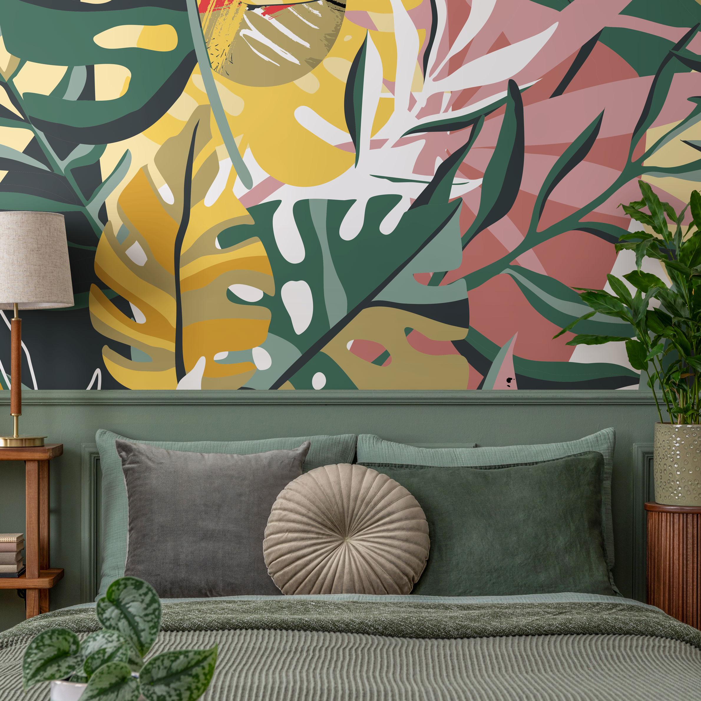 Botanical Wallpaper With Abstract Tropical Leaves In Green, Yellow, And Pink - C135