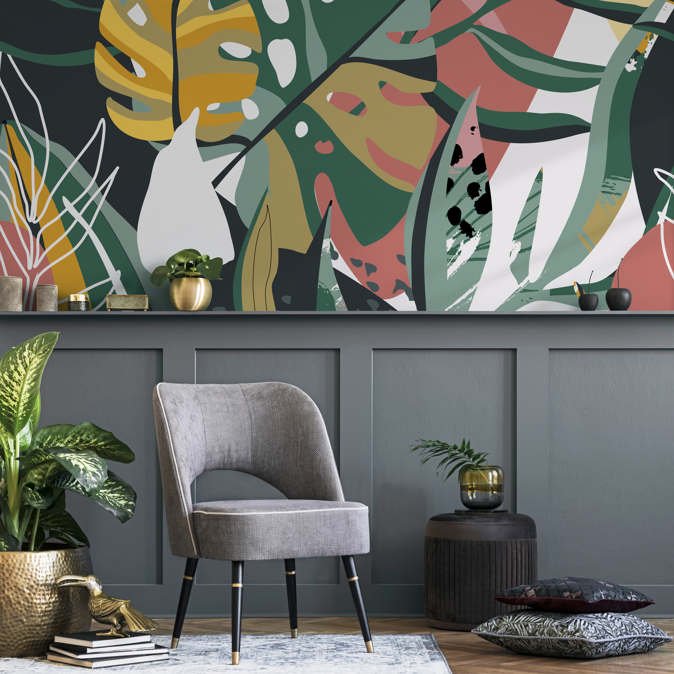 Botanical Wallpaper With Abstract Tropical Leaves In Green, Yellow, And Pink - C135