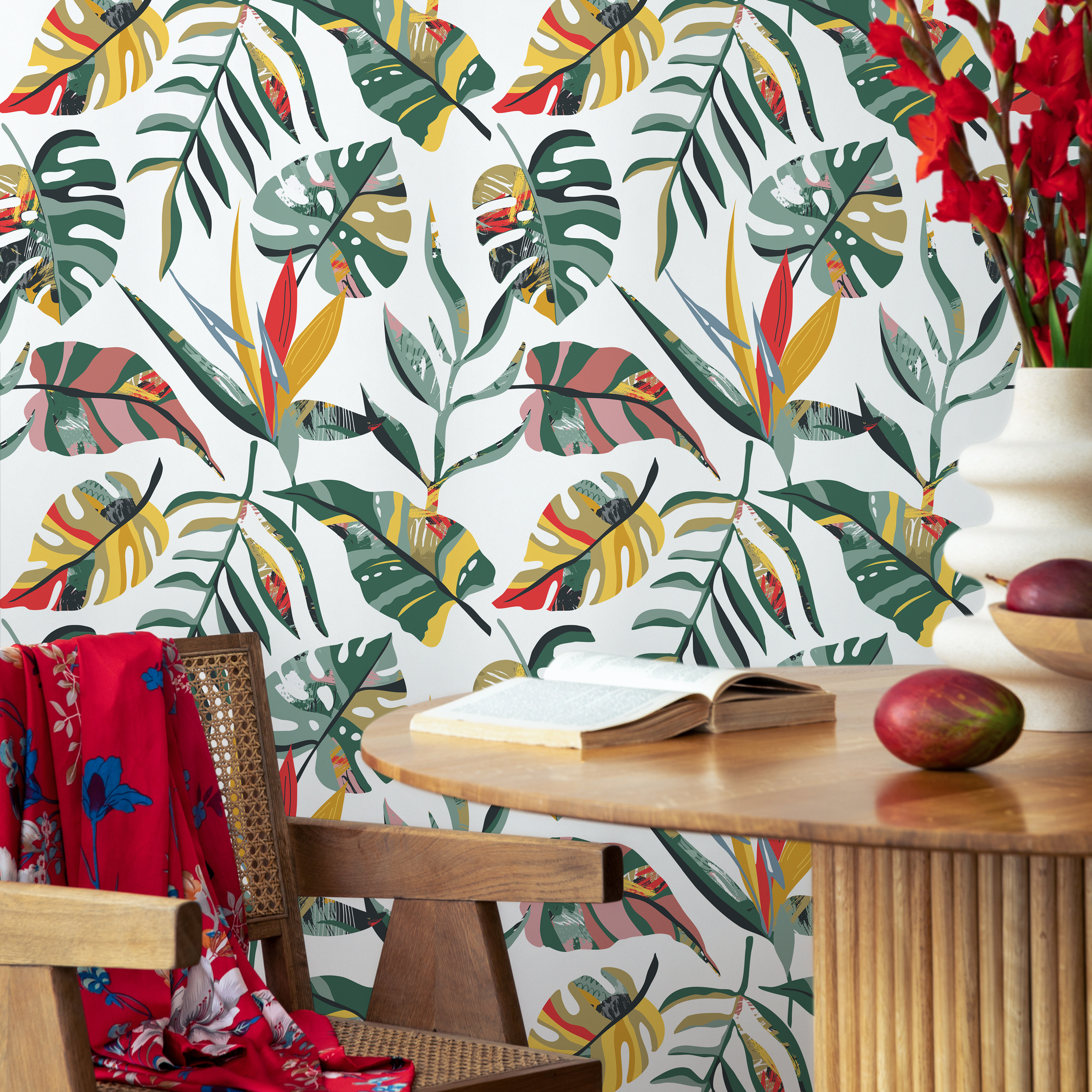Tropical Wallpaper With Artistic Jungle Leaves In Green, Yellow, And Red - C136