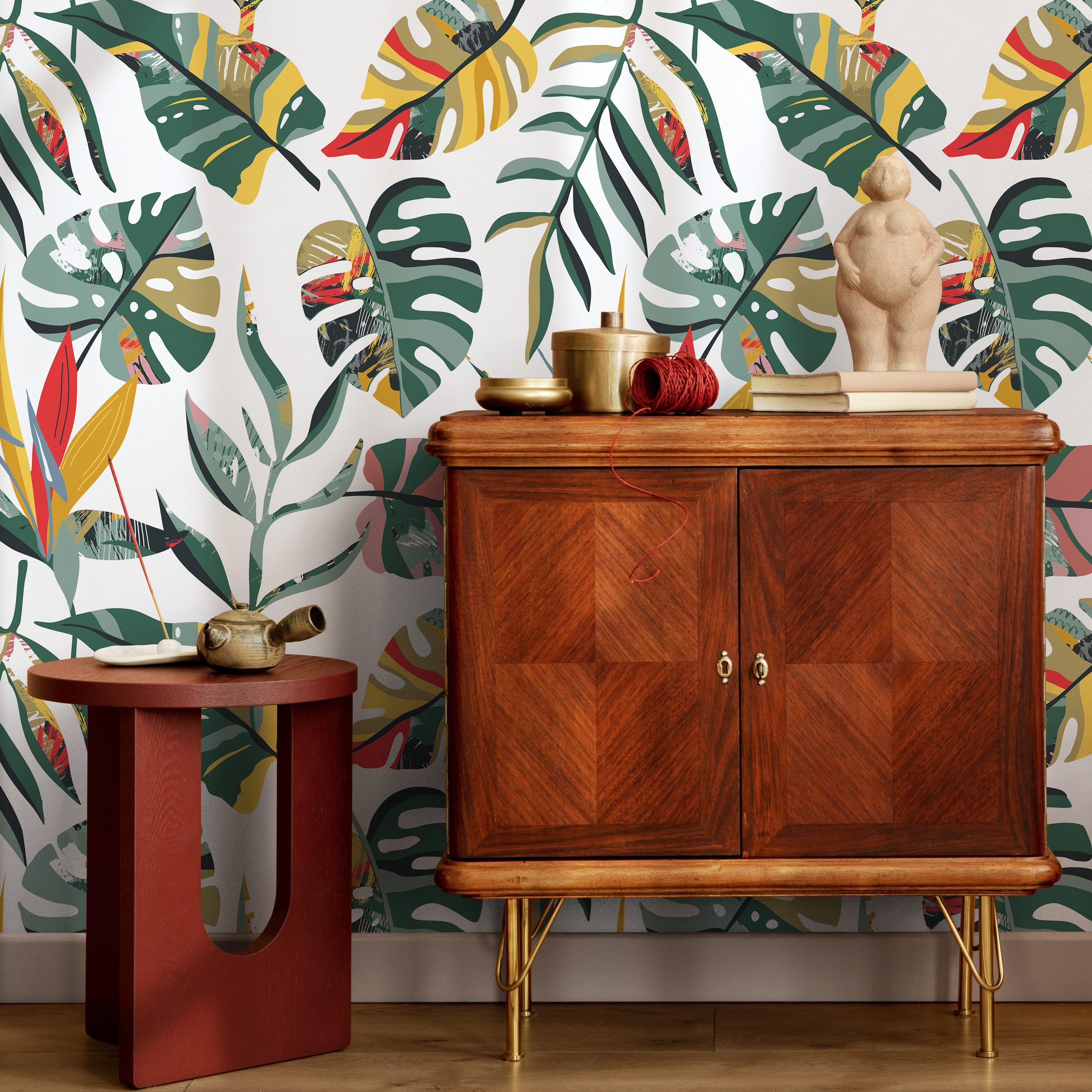 Tropical Wallpaper With Artistic Jungle Leaves In Green, Yellow, And Red - C136