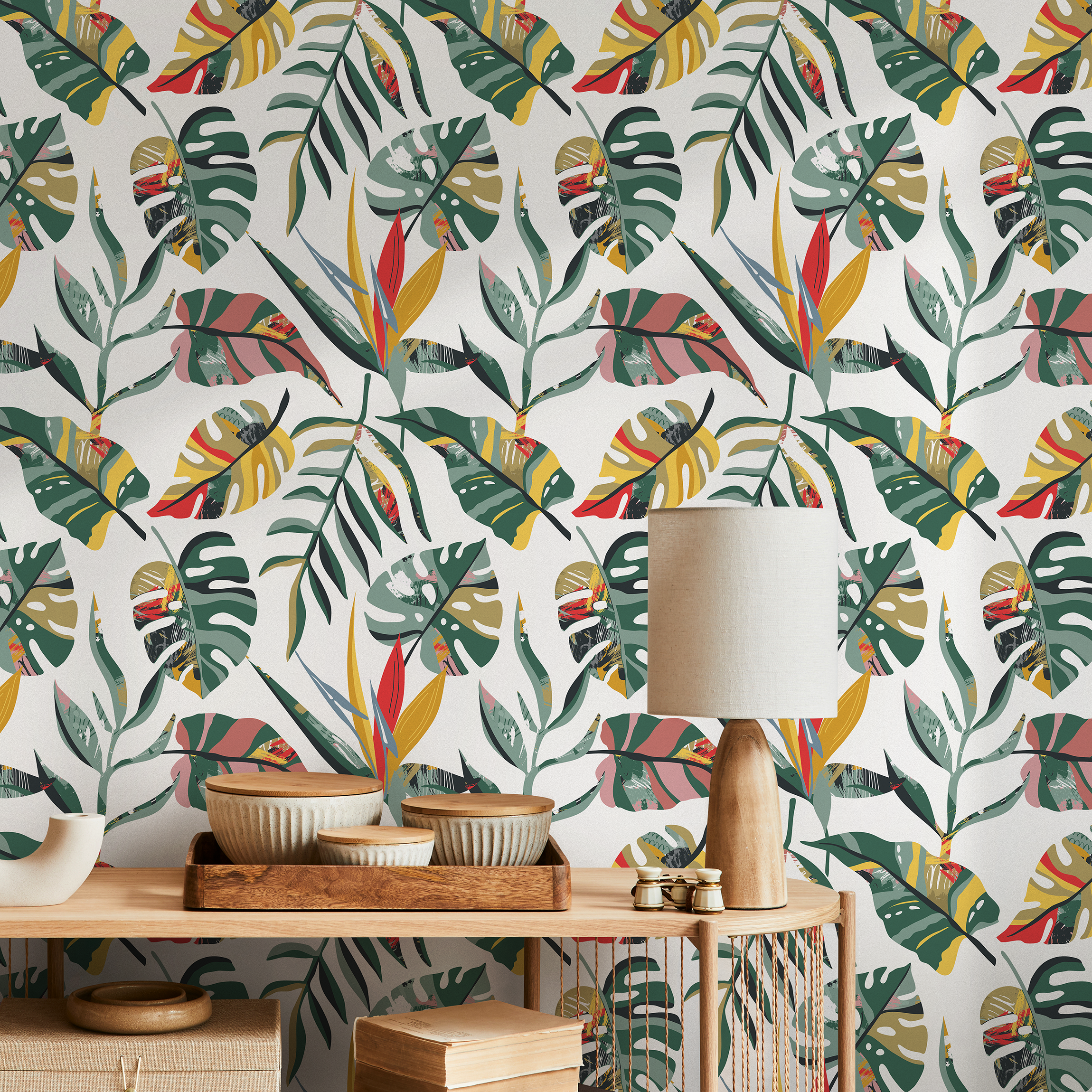 Tropical Wallpaper With Artistic Jungle Leaves In Green, Yellow, And Red - C136