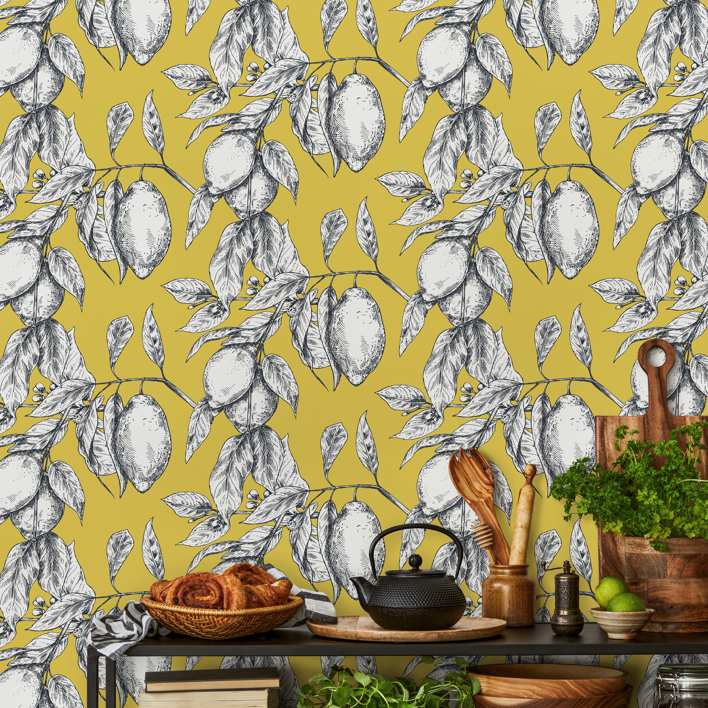 Botanical Wallpaper Featuring Sketched Lemon Branches In Yellow, Black, And White - C137