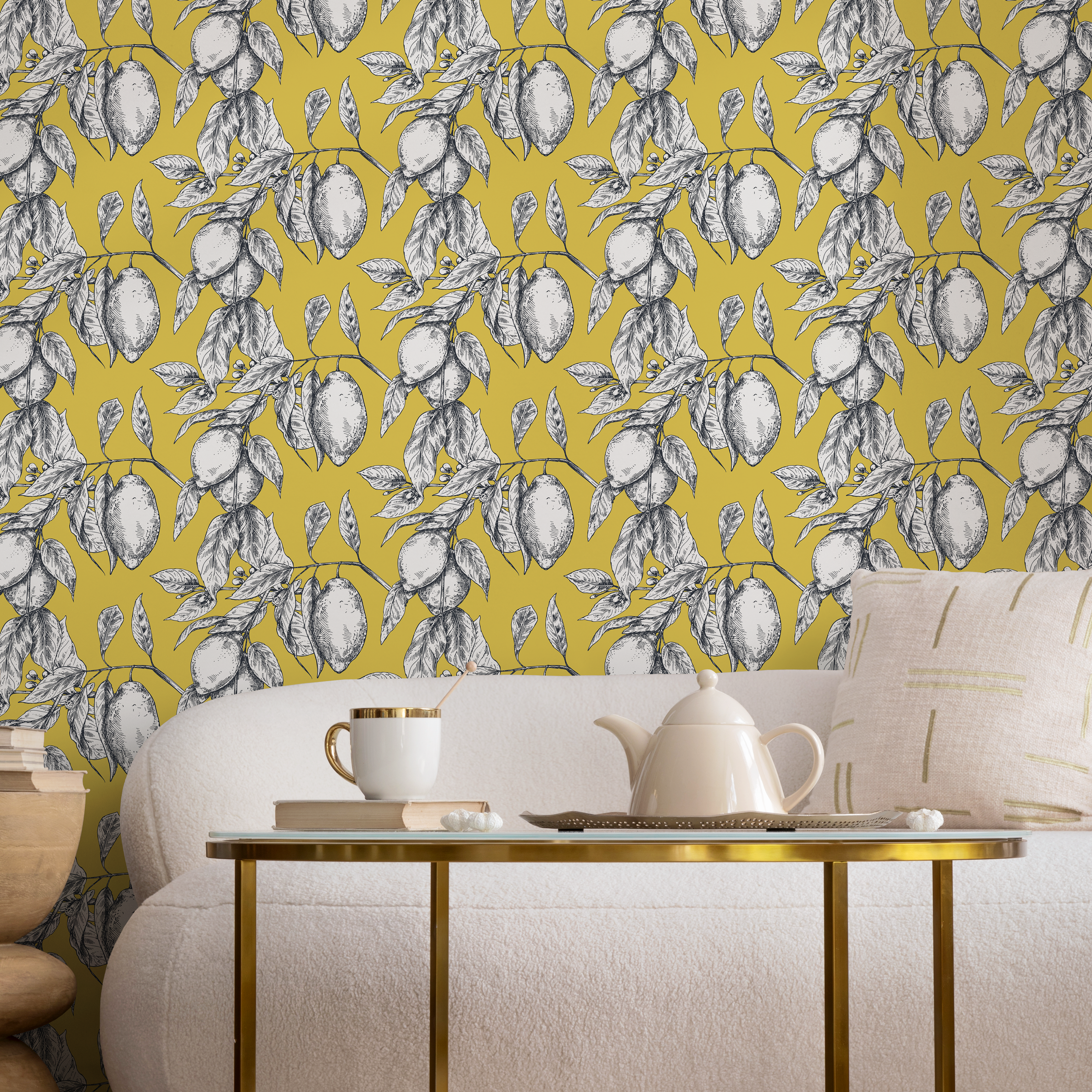 Botanical Wallpaper Featuring Sketched Lemon Branches In Yellow, Black, And White - C137
