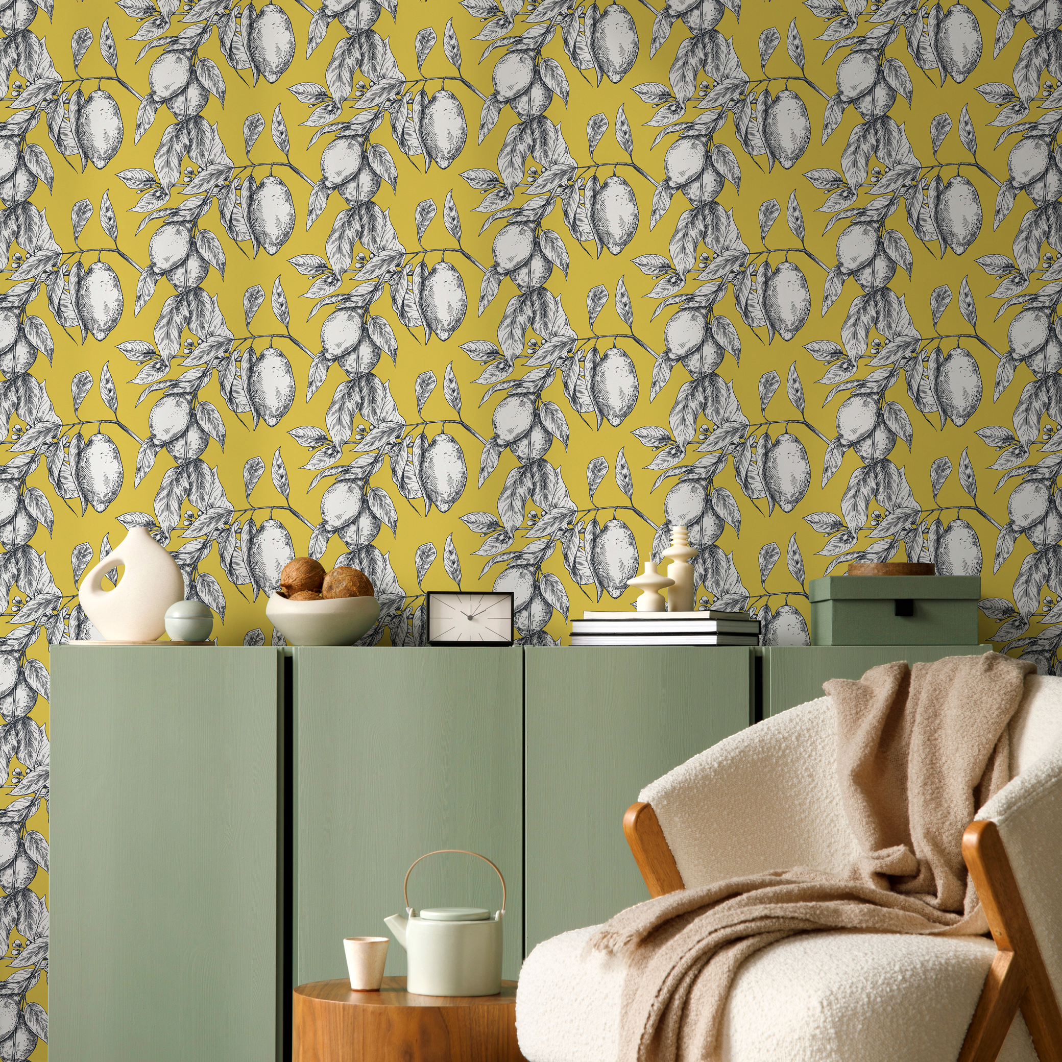 Botanical Wallpaper Featuring Sketched Lemon Branches In Yellow, Black, And White - C137