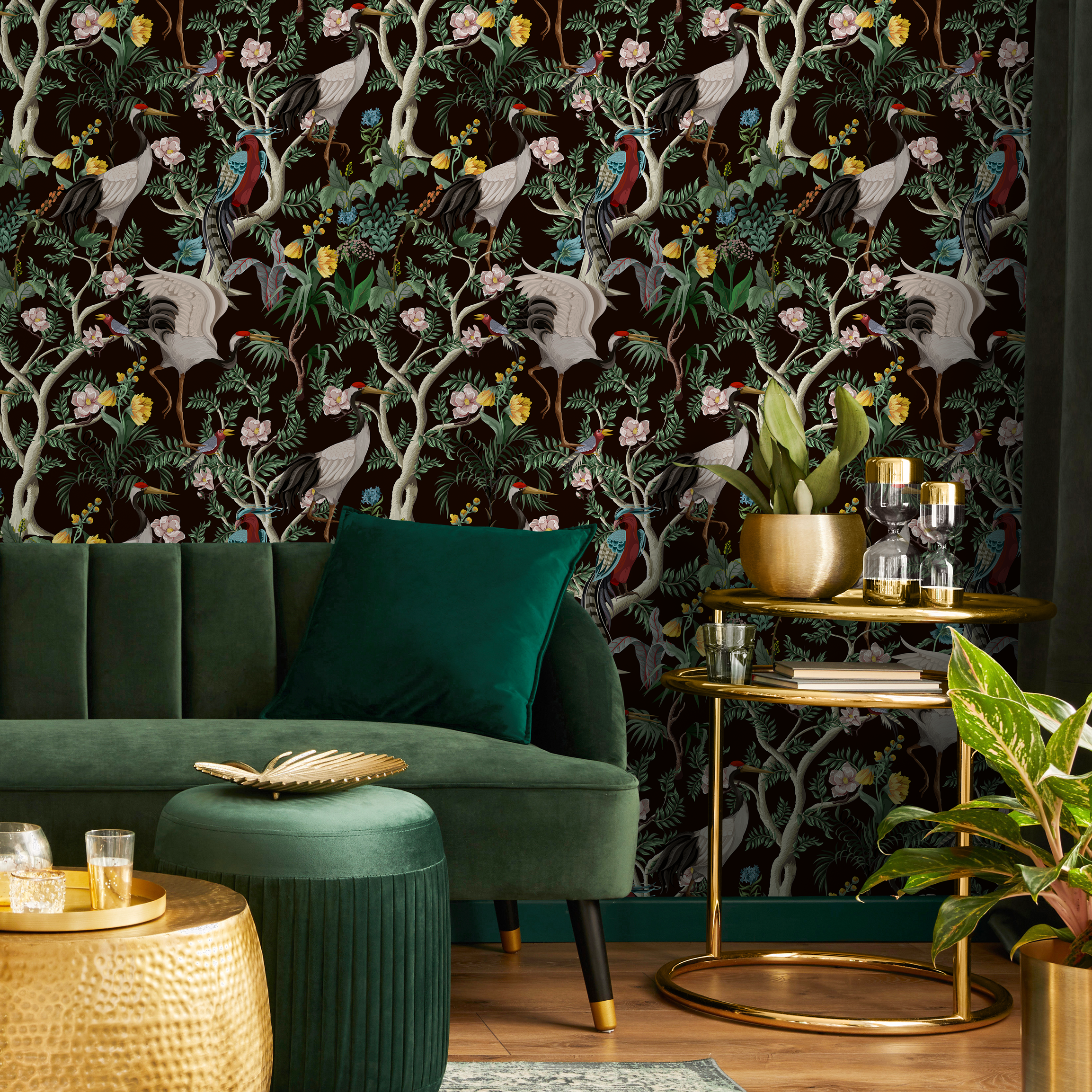 Chinoiserie Wallpaper With Cranes And Floral Branches In Brown, Green, And Red - C138