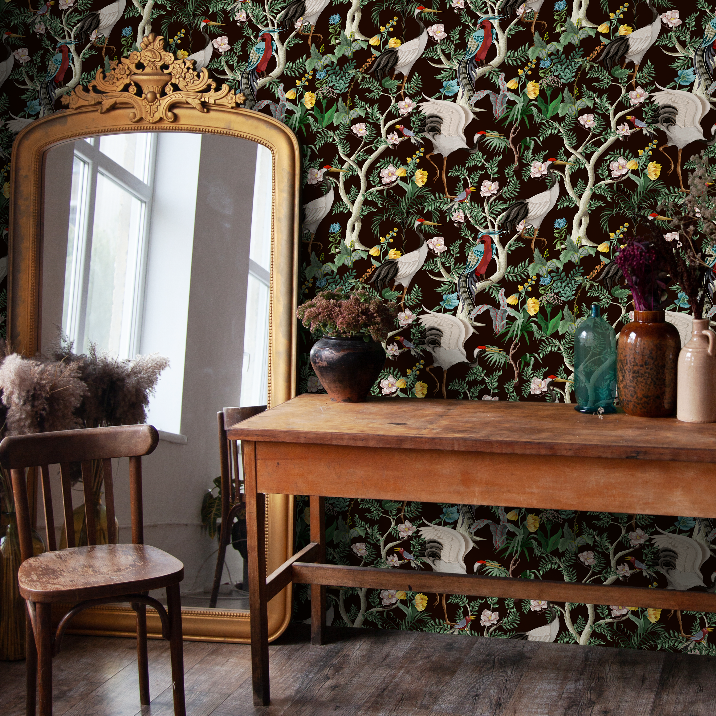 Chinoiserie Wallpaper With Cranes And Floral Branches In Brown, Green, And Red - C138