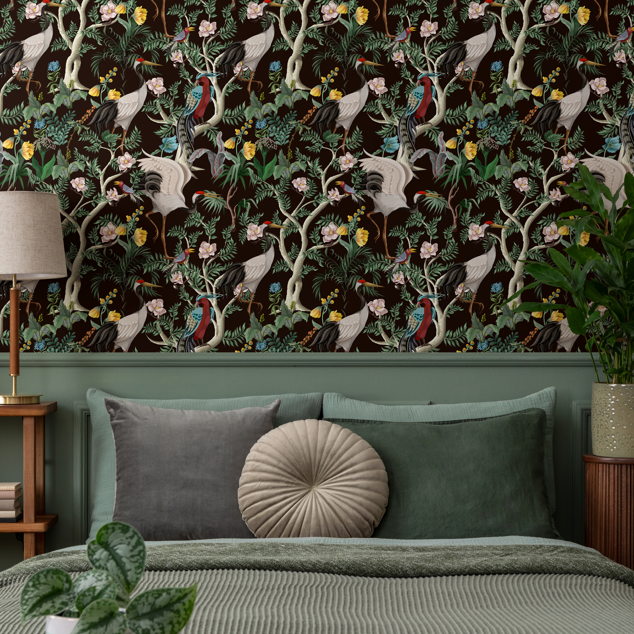 Chinoiserie Wallpaper With Cranes And Floral Branches In Brown, Green, And Red - C138