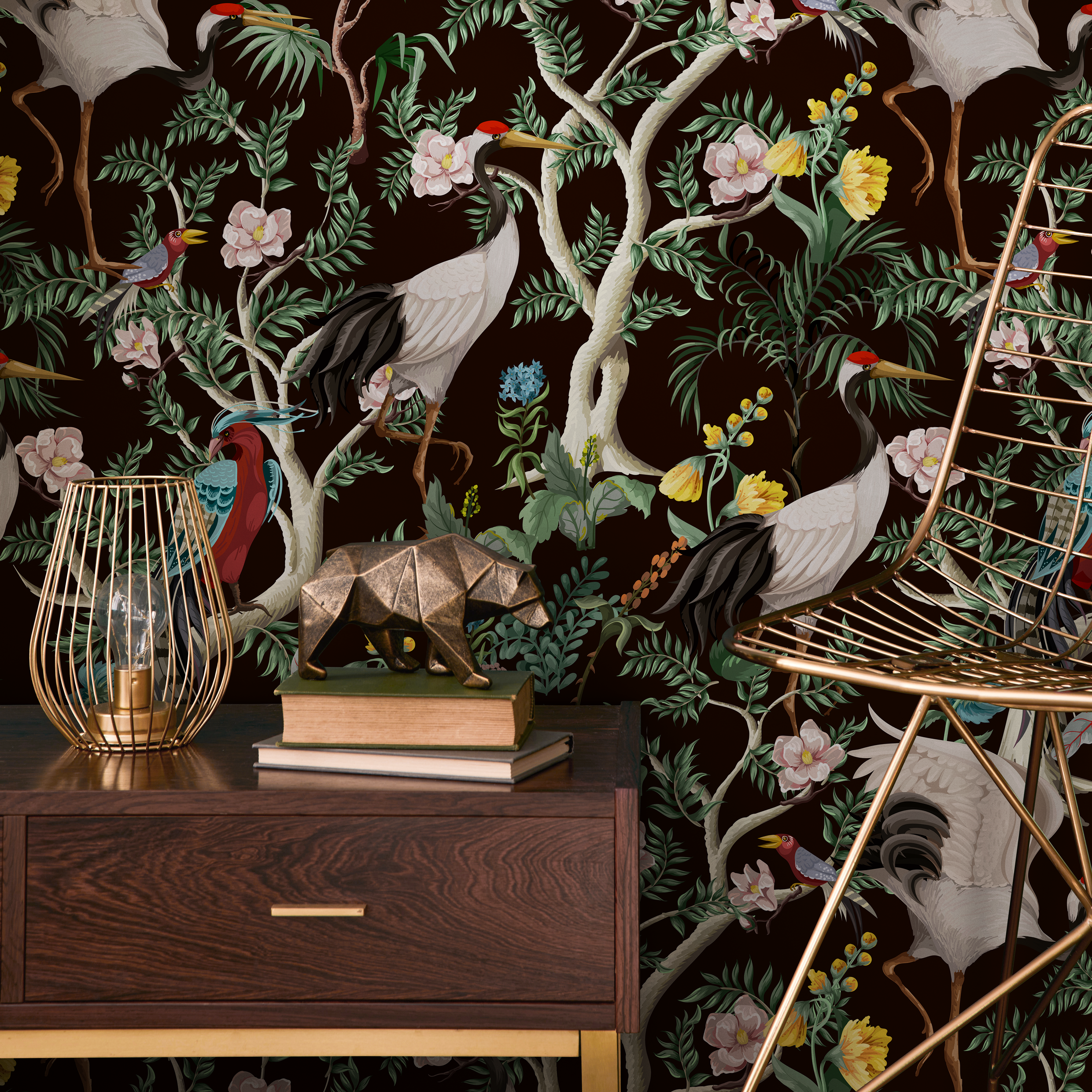 Chinoiserie Wallpaper With Cranes And Floral Branches In Brown, Green, And Red - C138