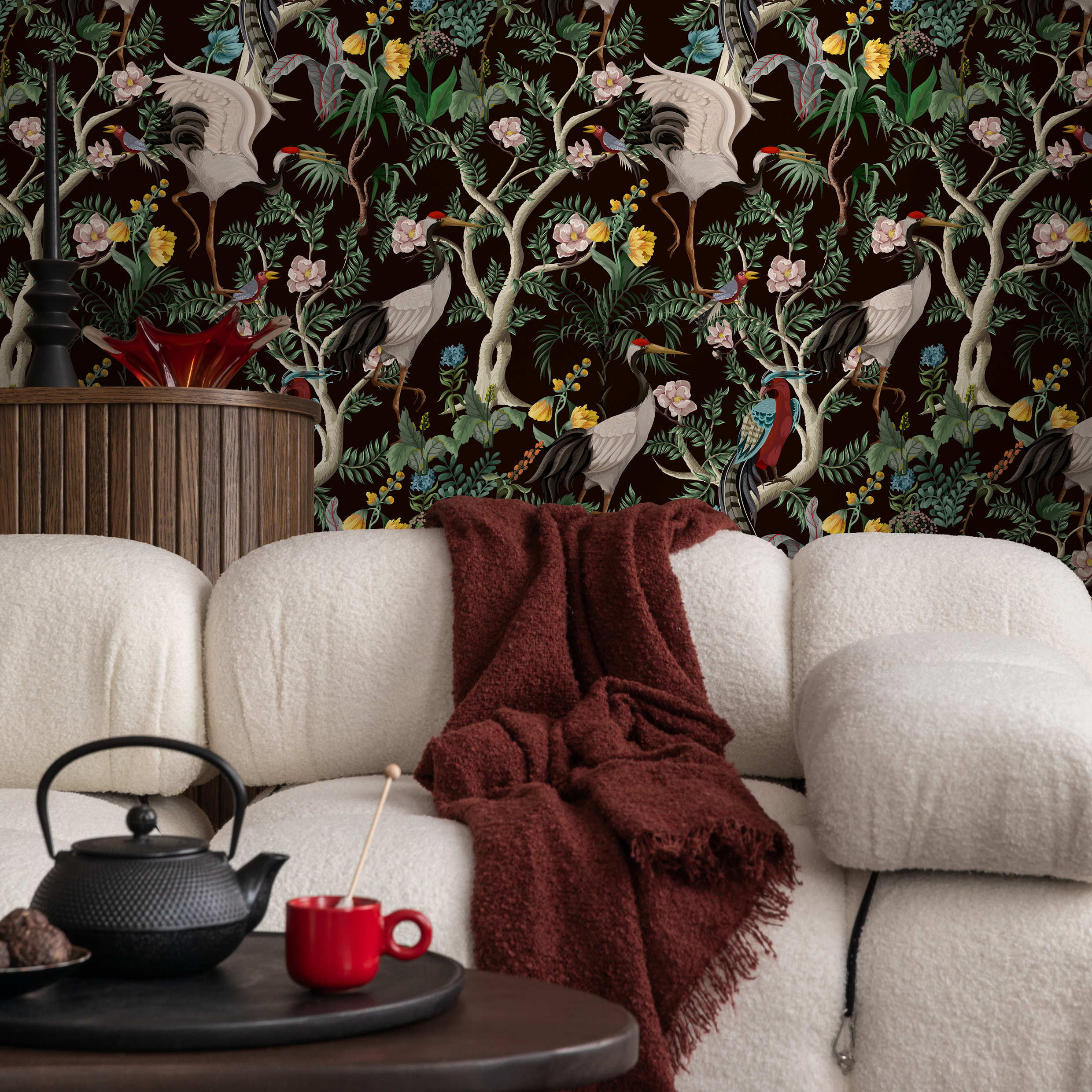 Chinoiserie Wallpaper With Cranes And Floral Branches In Brown, Green, And Red - C138