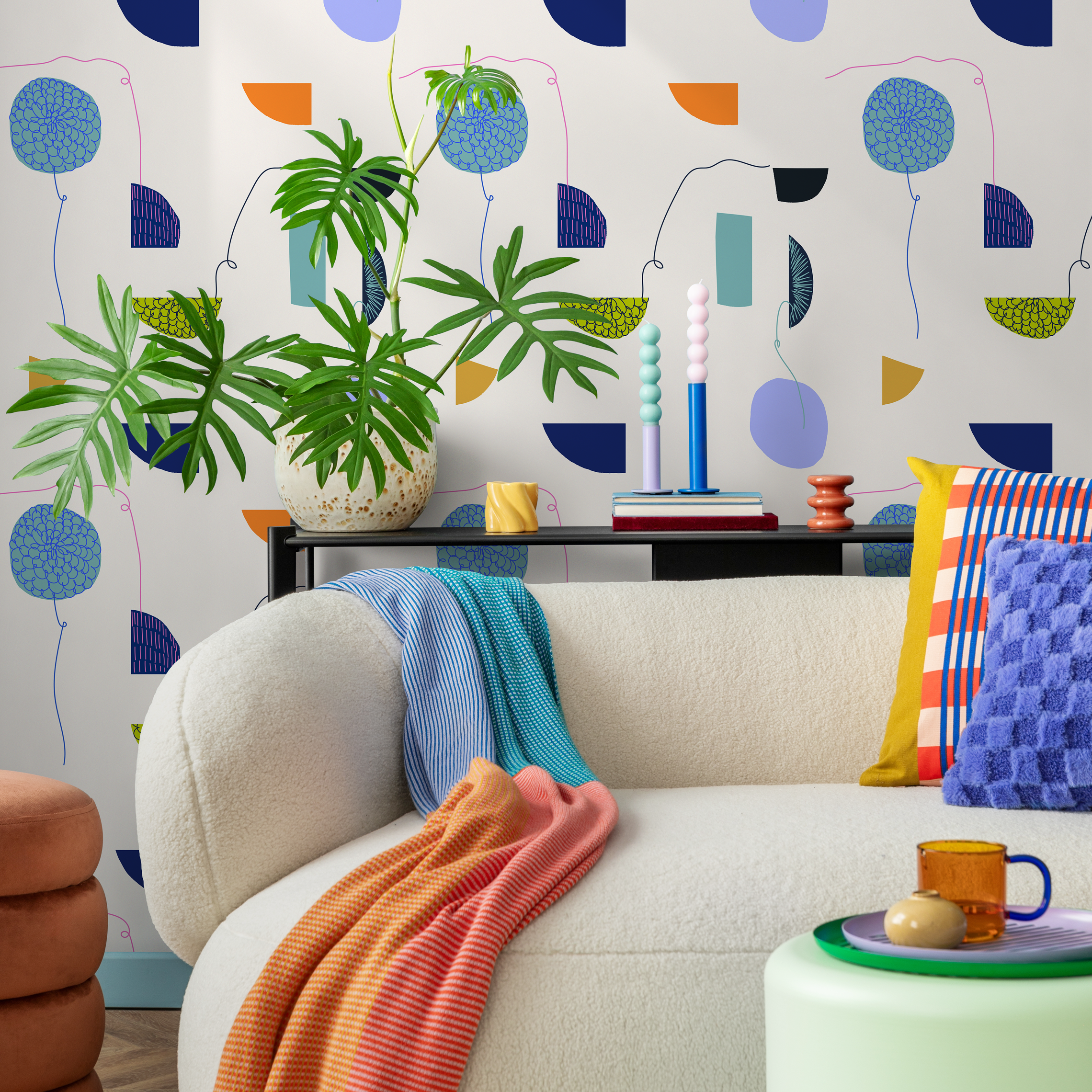 Abstract Wallpaper With Stylized Florals In Blue, Orange, And Lavender - C139