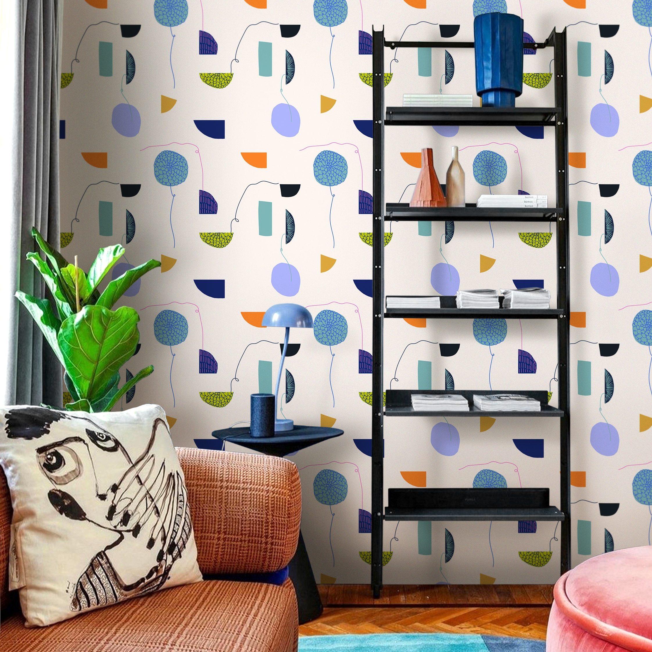 Abstract Wallpaper With Stylized Florals In Blue, Orange, And Lavender - C139