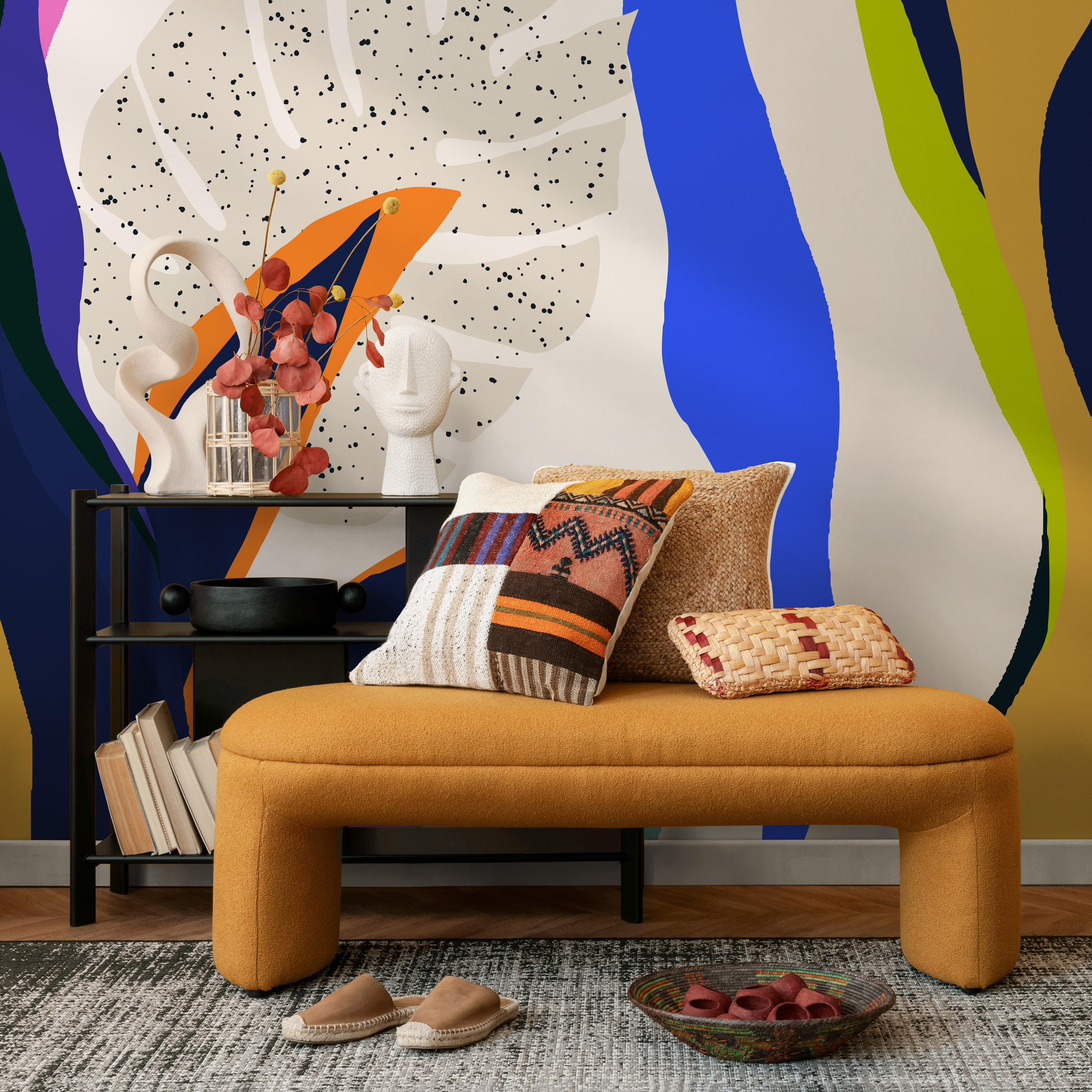 Abstract Wallpaper With Colorful Leaf Silhouettes In Blue, Green, And Orange - C140