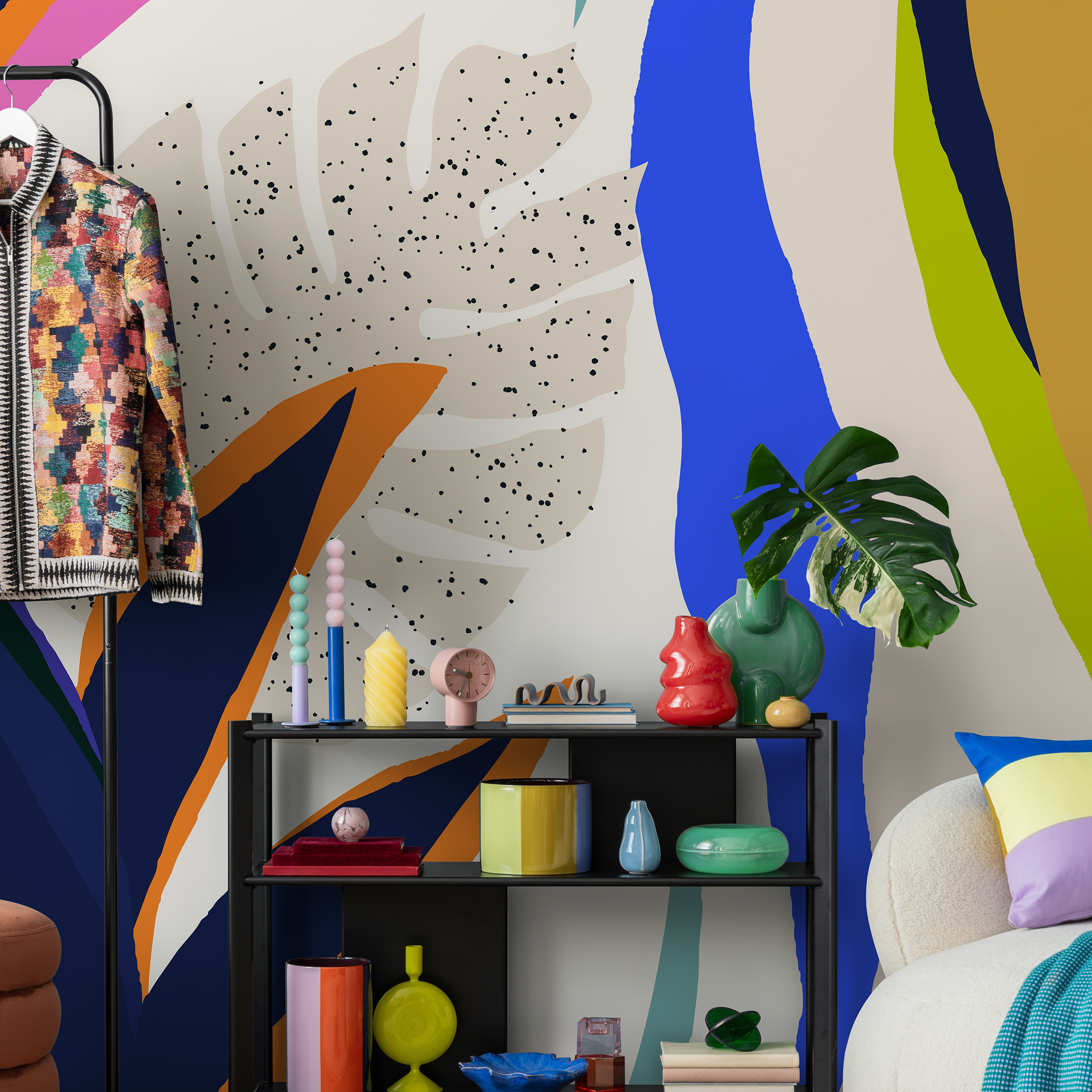 Abstract Wallpaper With Colorful Leaf Silhouettes In Blue, Green, And Orange - C140