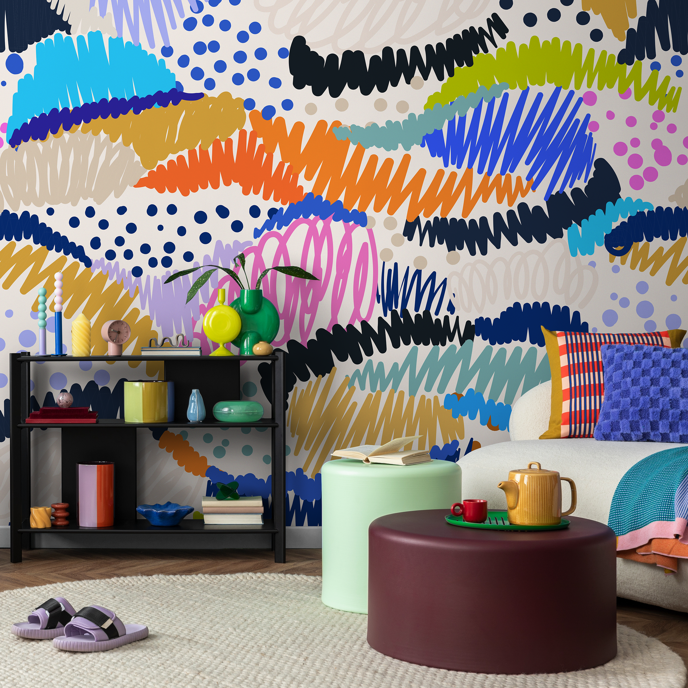 Abstract Wallpaper With Colorful Scribbles In Orange, Blue, And Pink - C141