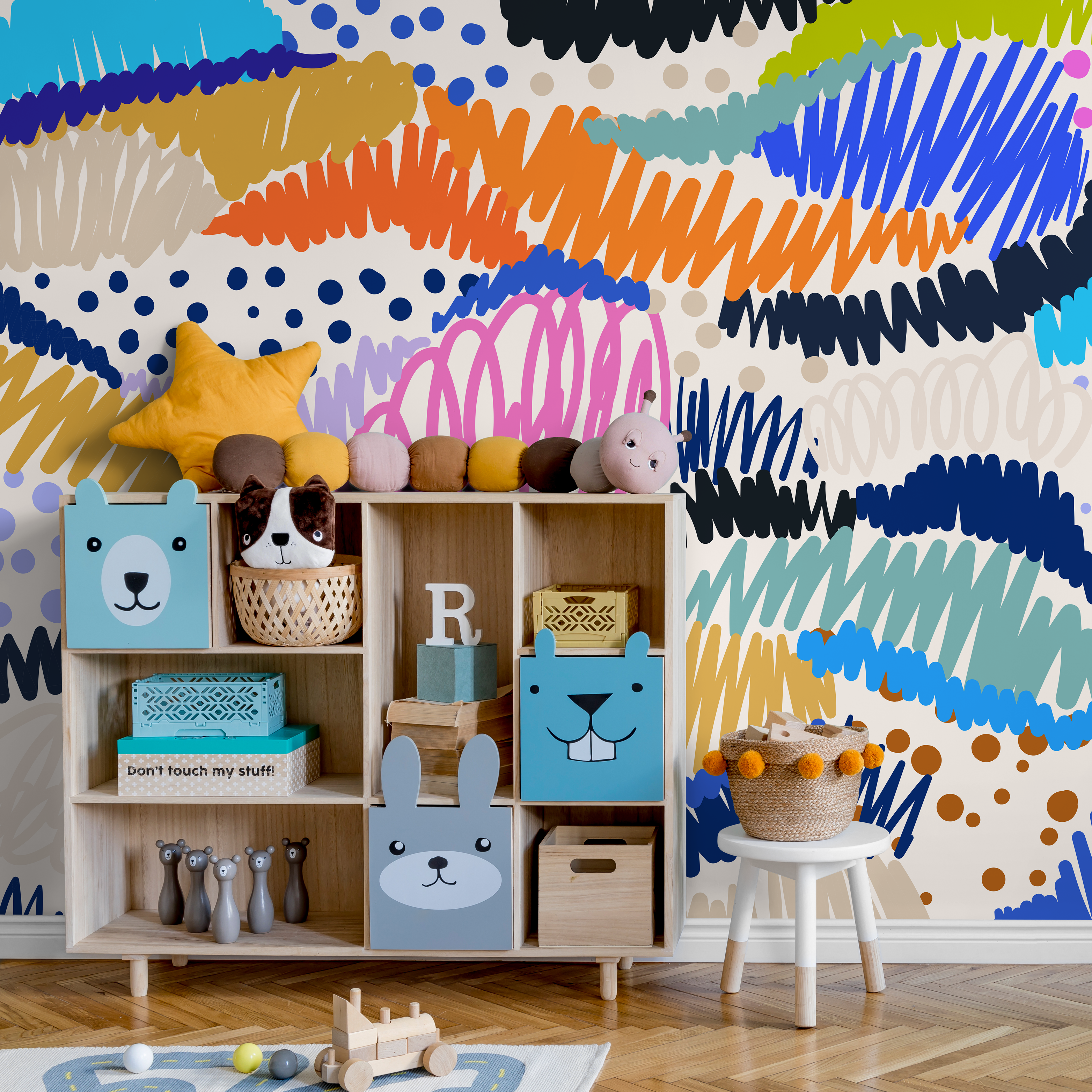 Abstract Wallpaper With Colorful Scribbles In Orange, Blue, And Pink - C141