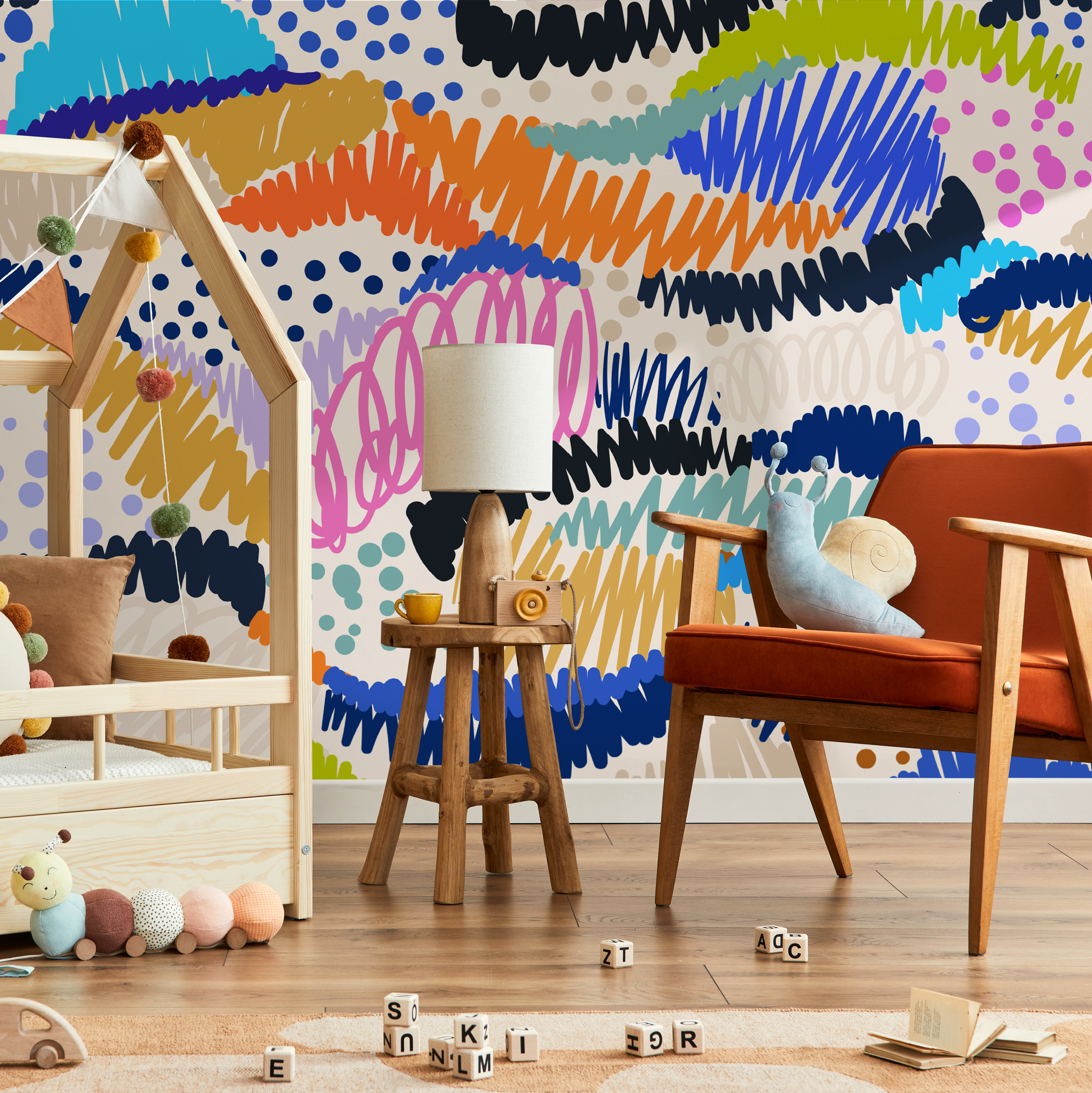 Abstract Wallpaper With Colorful Scribbles In Orange, Blue, And Pink - C141