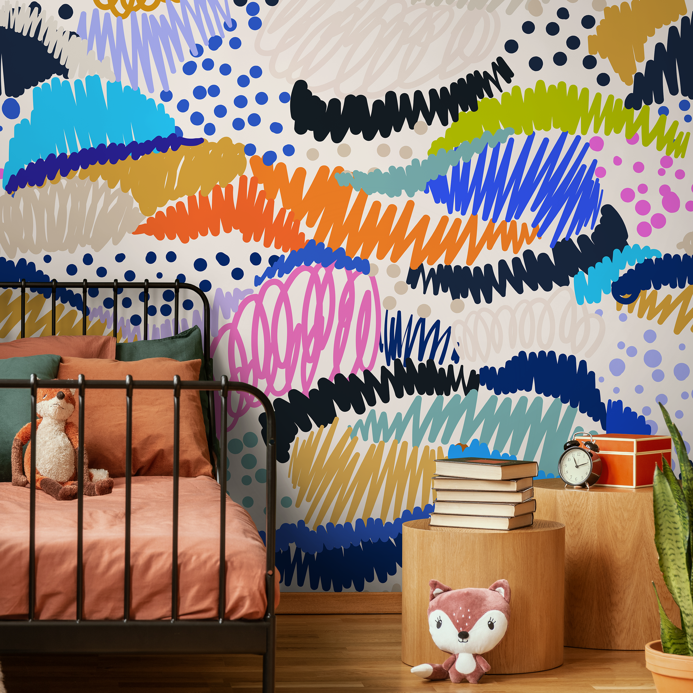 Abstract Wallpaper With Colorful Scribbles In Orange, Blue, And Pink - C141