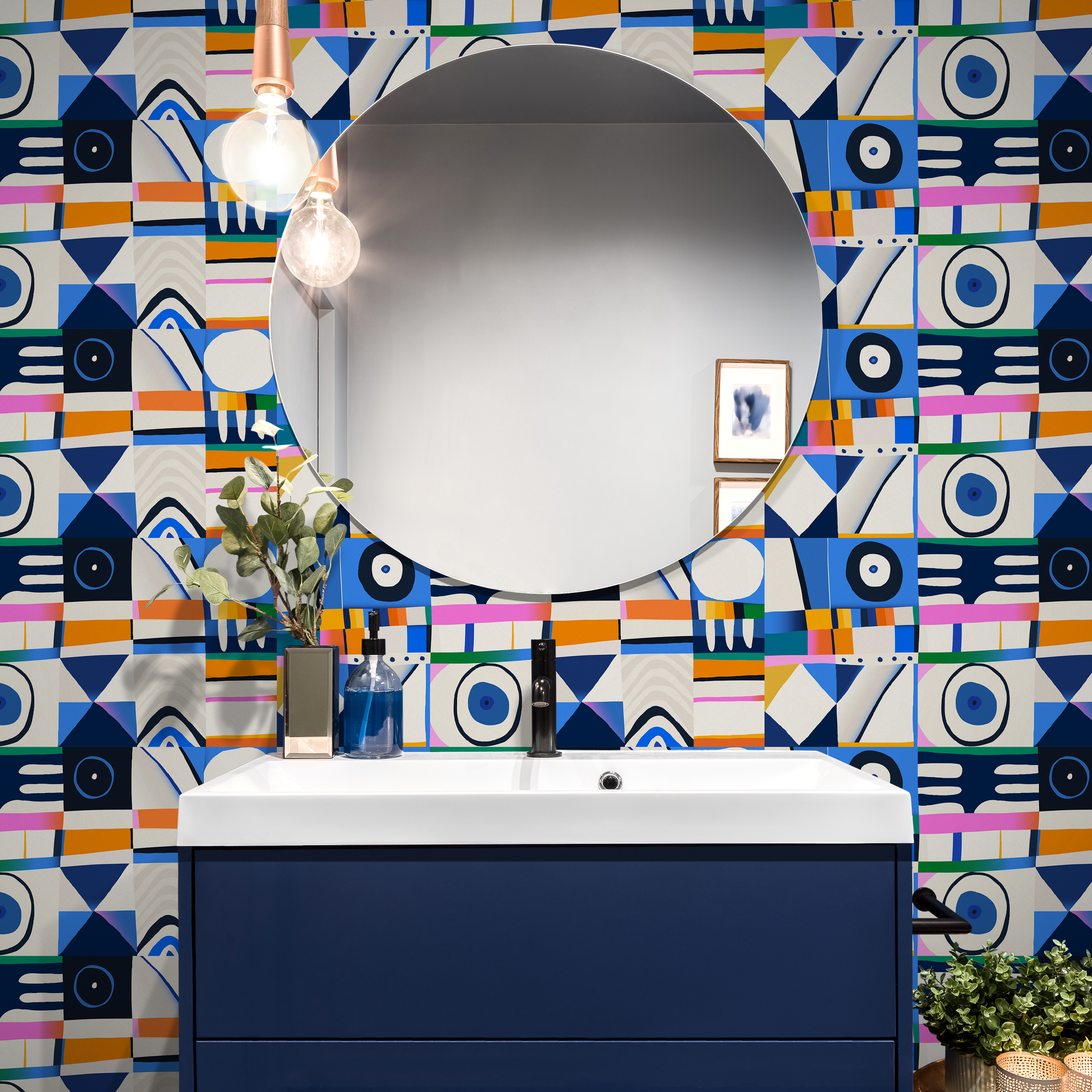 Abstract Wallpaper With A Collage Of Geometric Shapes In Blue, Orange, And Pink - C142