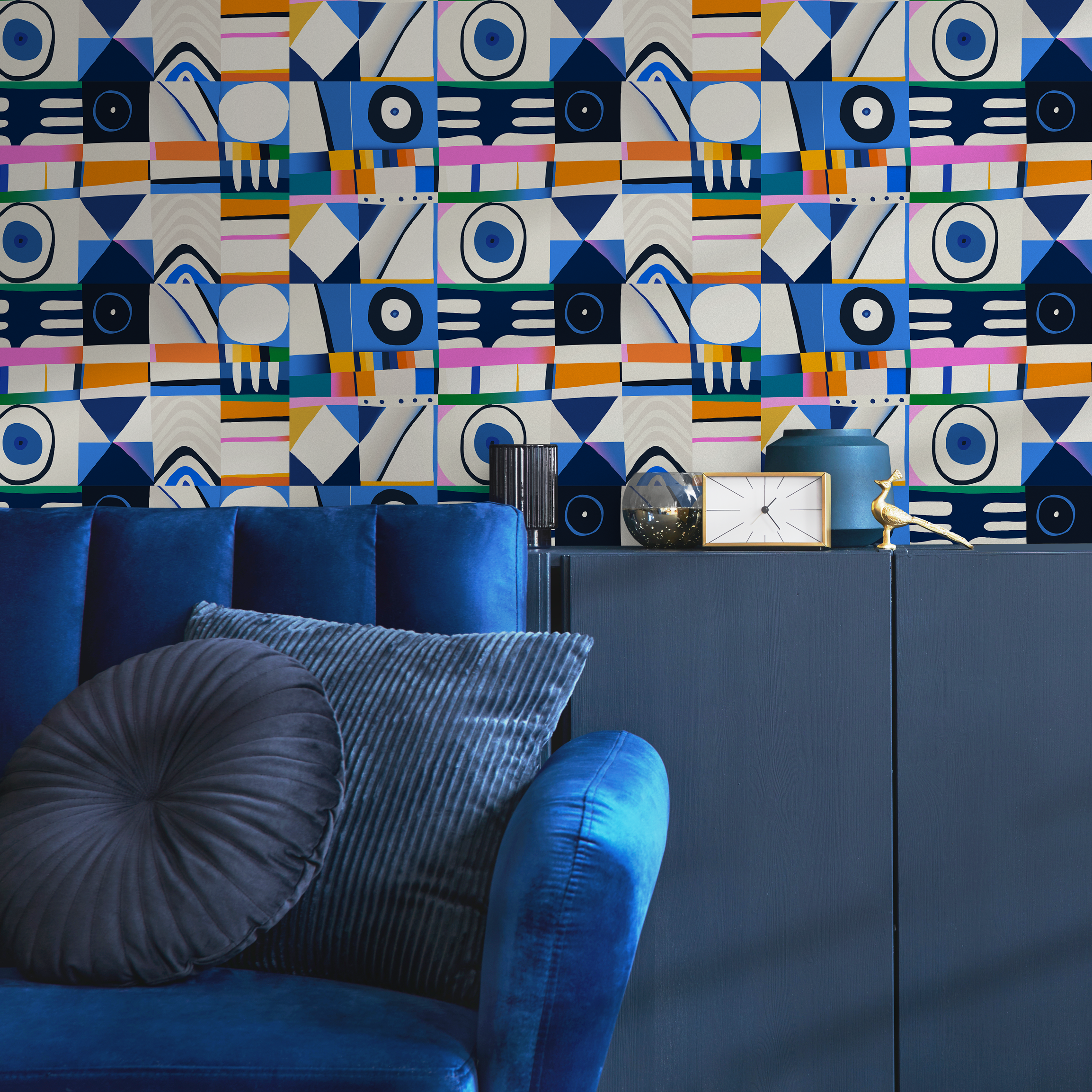 Abstract Wallpaper With A Collage Of Geometric Shapes In Blue, Orange, And Pink - C142