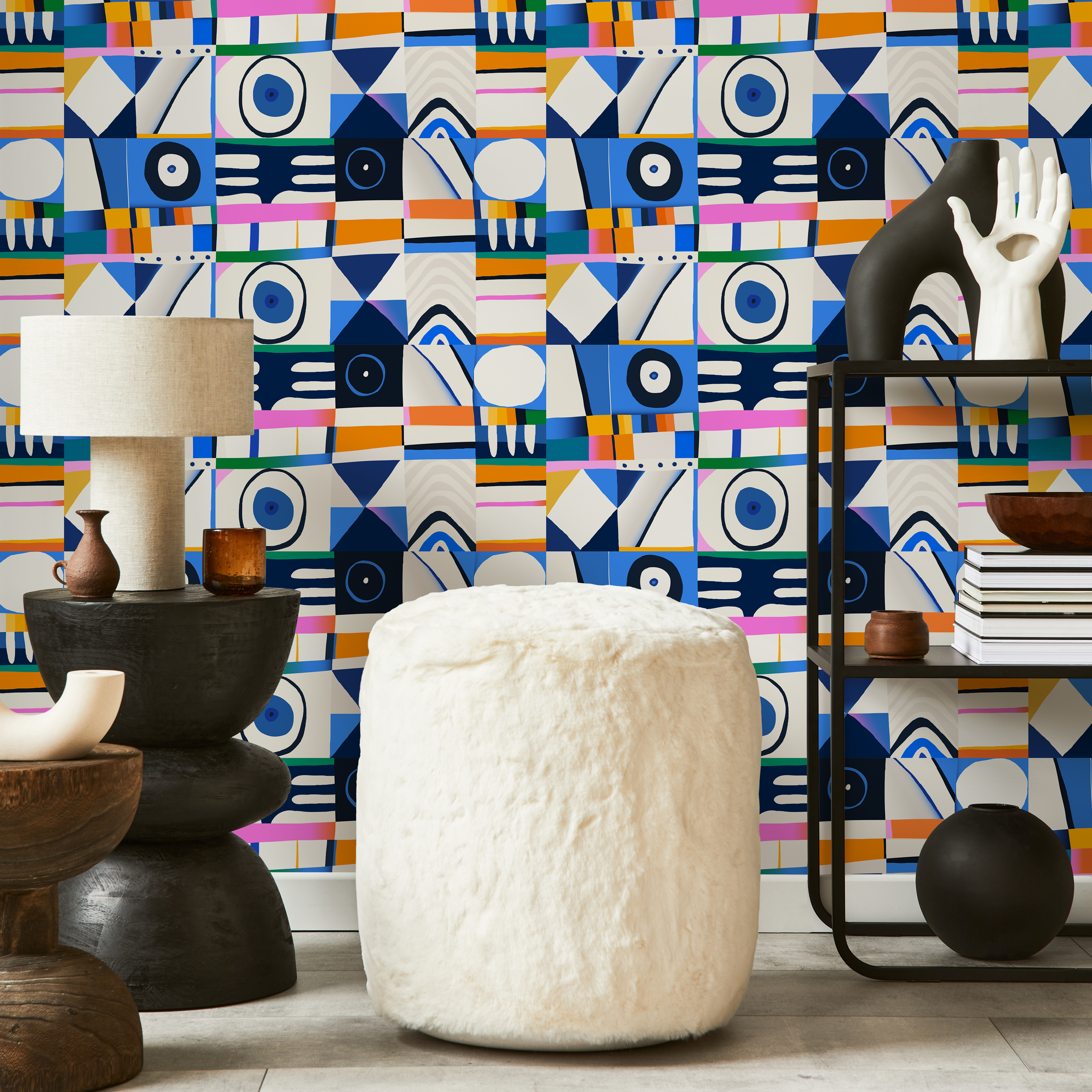 Abstract Wallpaper With A Collage Of Geometric Shapes In Blue, Orange, And Pink - C142