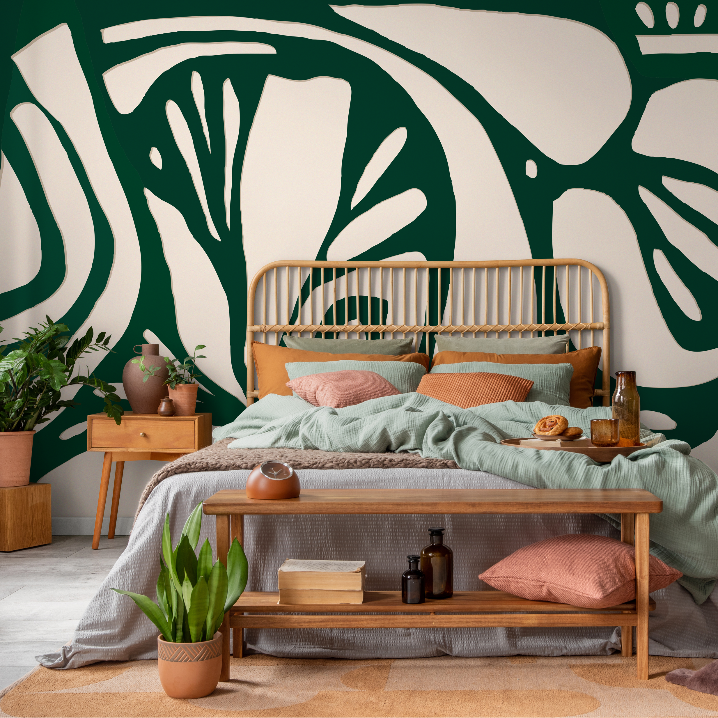 Botanical Wallpaper With A Large Abstract Leaf In Dark Green And Beige - C143