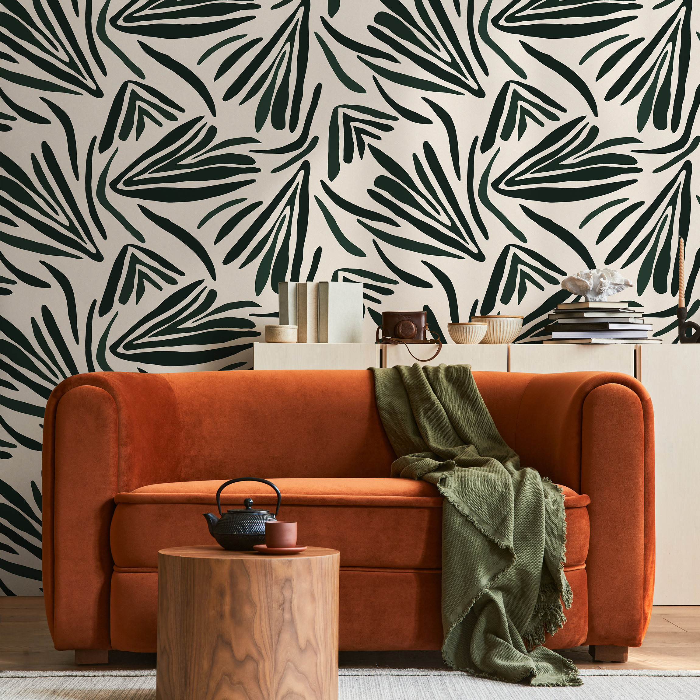 Abstract Wallpaper Featuring Bold Stylized Leaves In Dark Green - C145