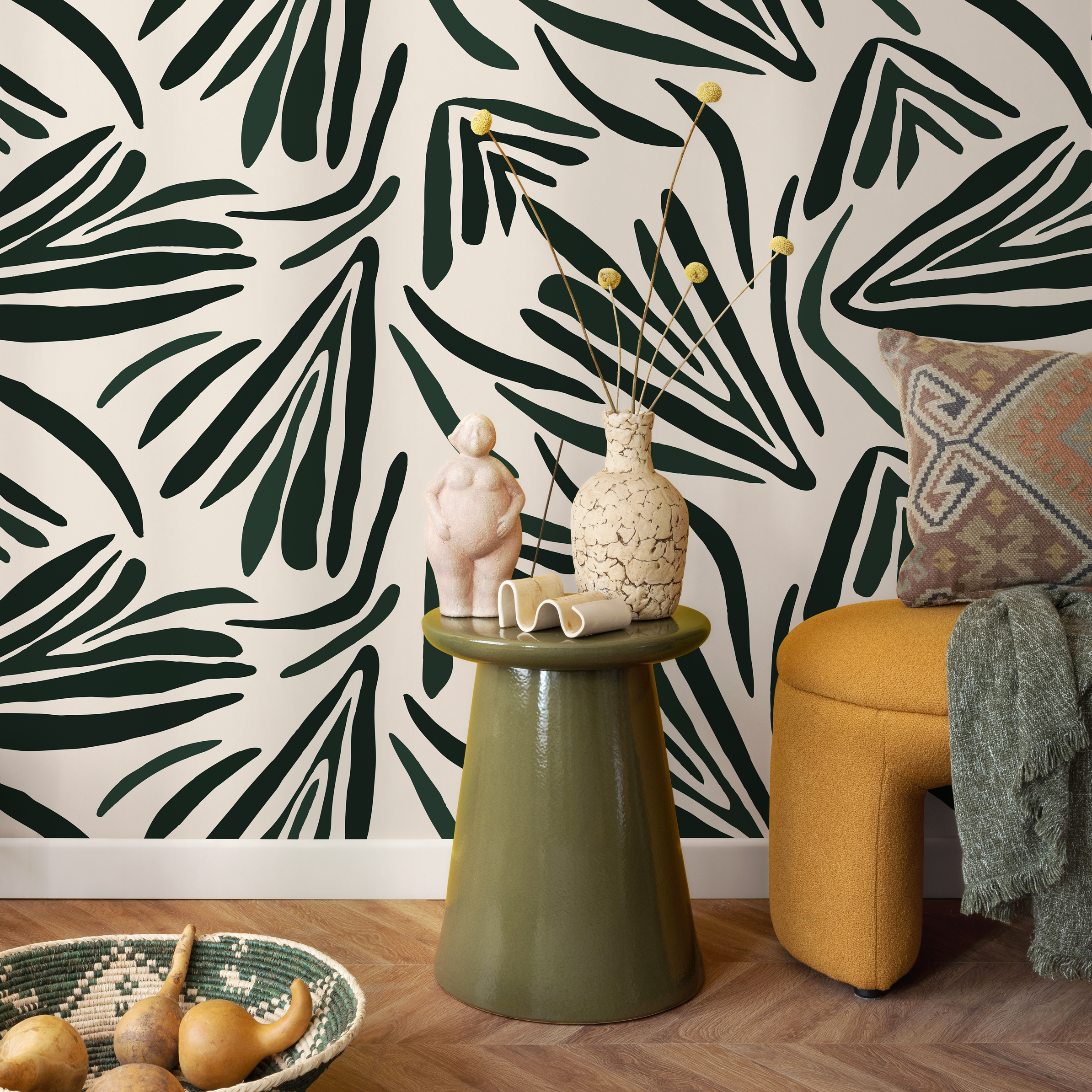 Abstract Wallpaper Featuring Bold Stylized Leaves In Dark Green - C145