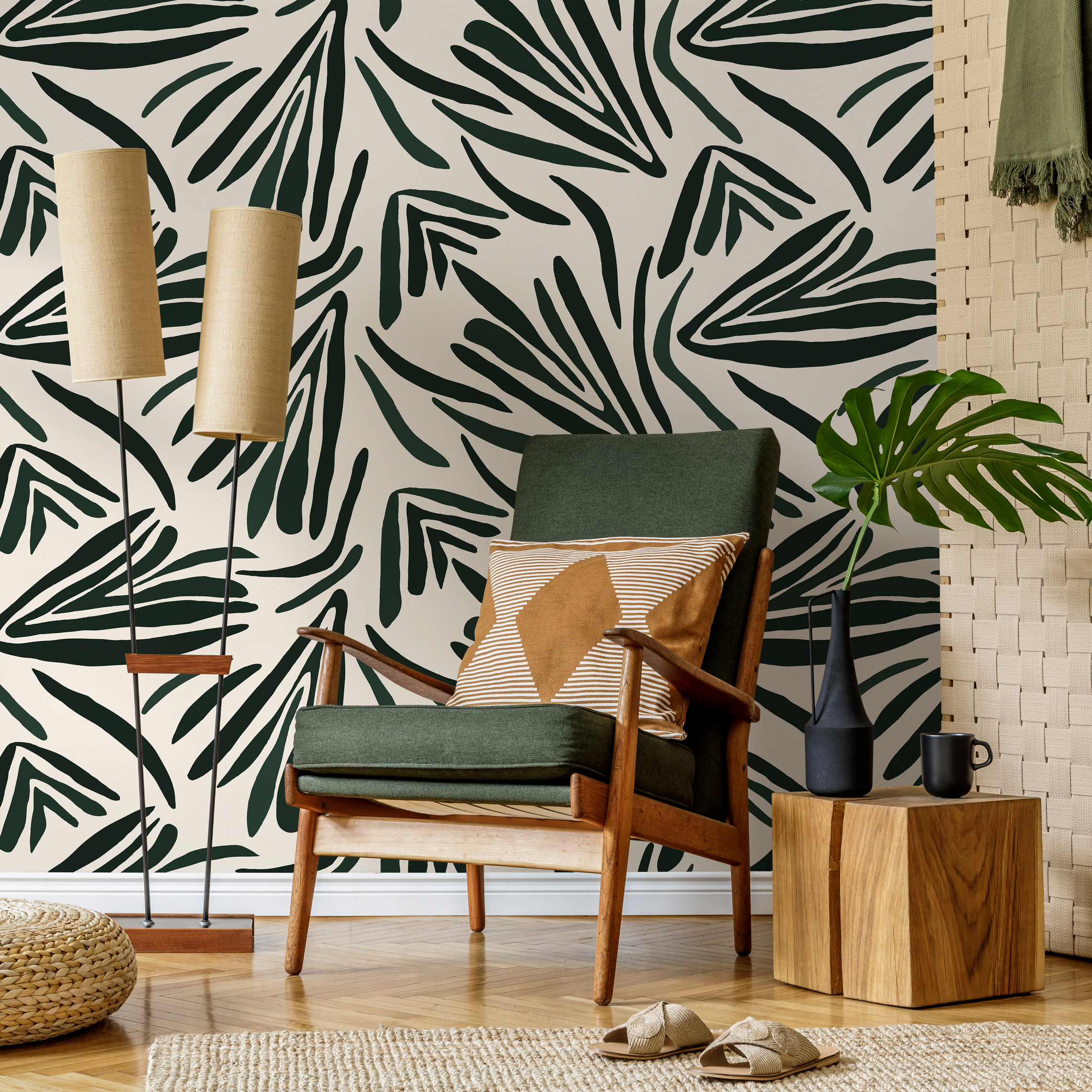 Abstract Wallpaper Featuring Bold Stylized Leaves In Dark Green - C145