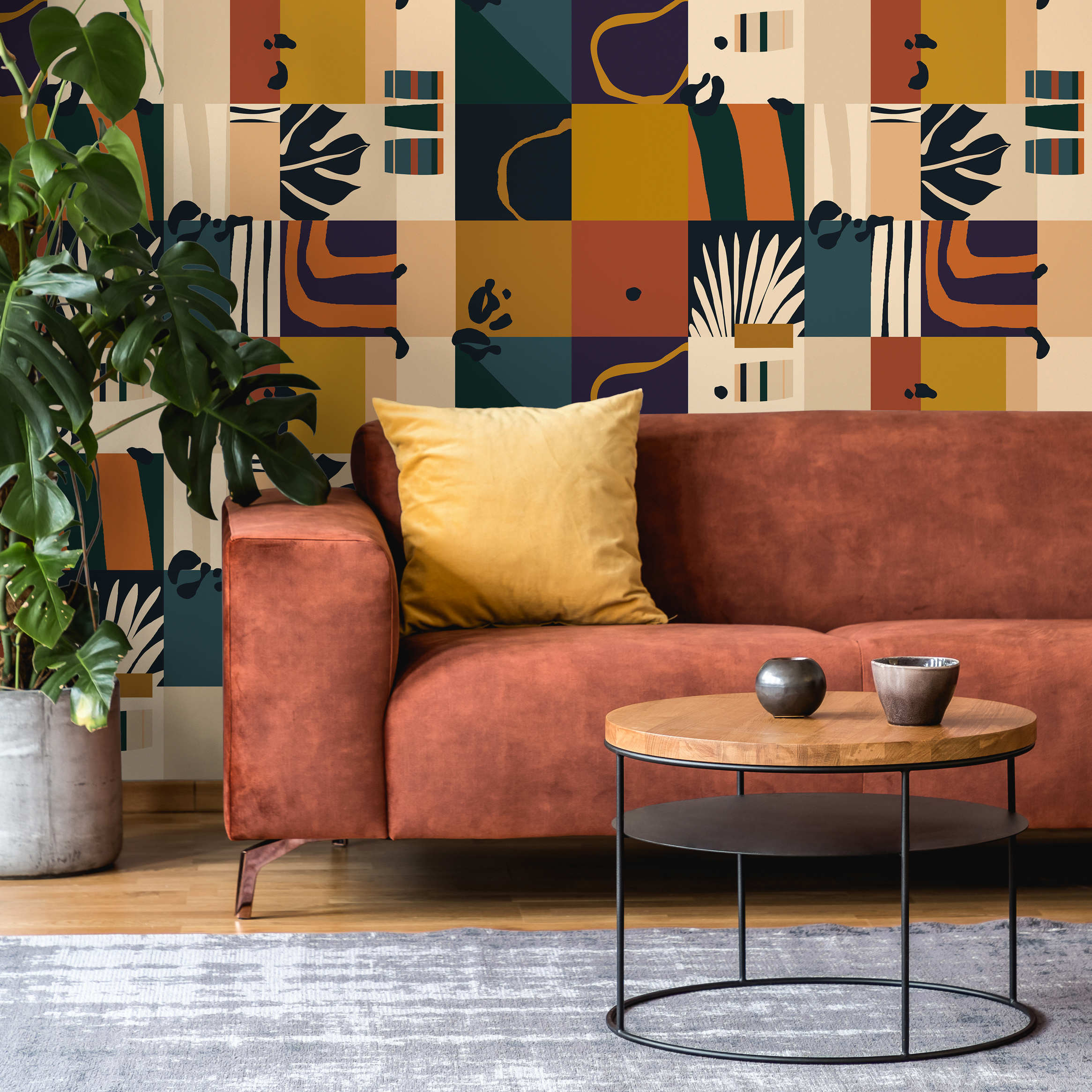 Abstract Wallpaper With Geometric Blocks In Terracotta, Mustard, And Teal - C146