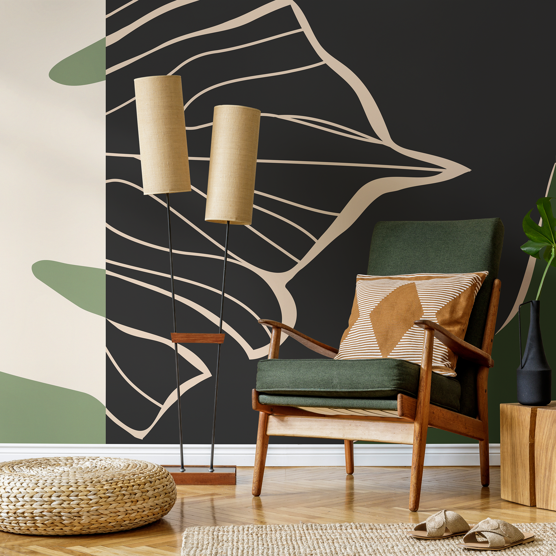 Abstract Wallpaper With Organic Shapes And Line Art In Black, Green, And Beige - C147