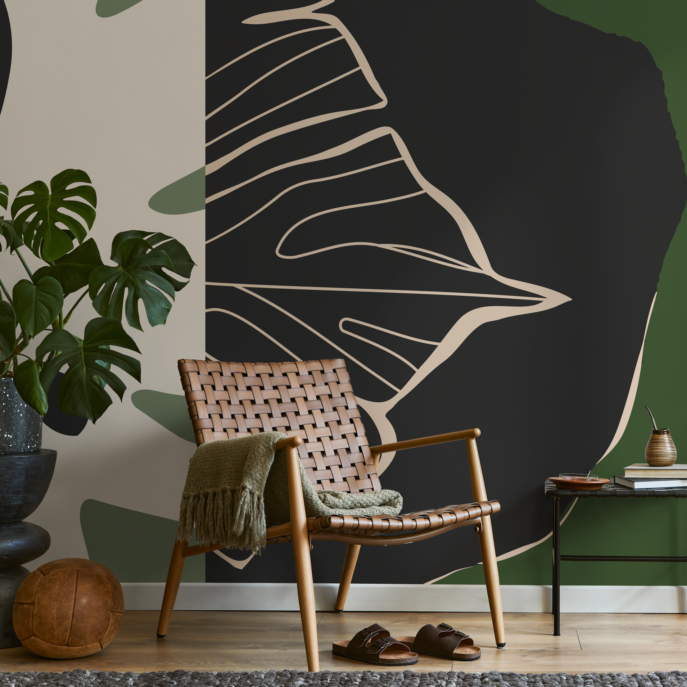 Abstract Wallpaper With Organic Shapes And Line Art In Black, Green, And Beige - C147